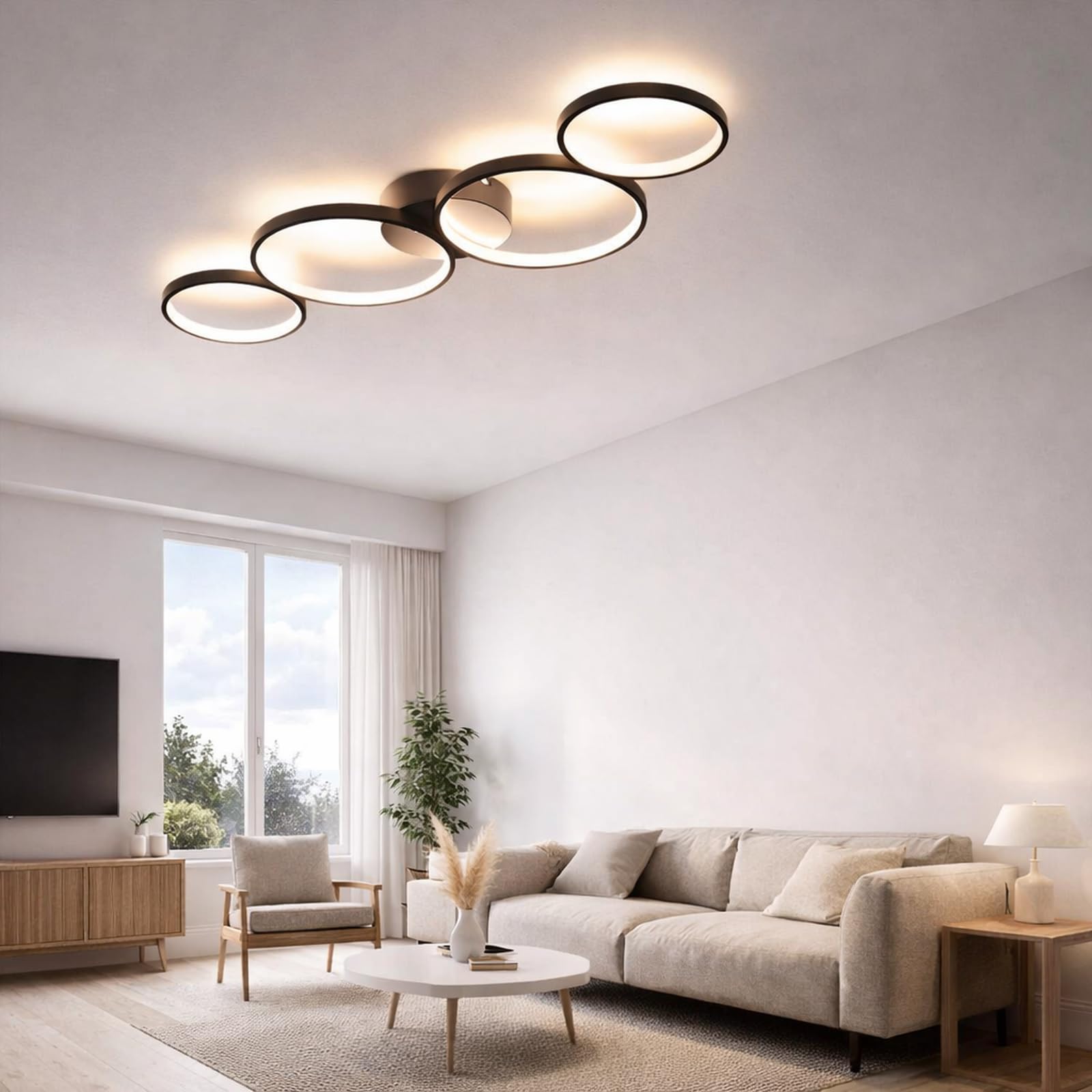 GBLY Lampa sufitowa LED nowoczesna 4 płomienie w optyce pierścieniowej | 3000k biała ciepła lampa sufitowa okrągła 37W wewnętrzna czarna lampa do salonu wykonana - salon przedpokój biuro gabinet