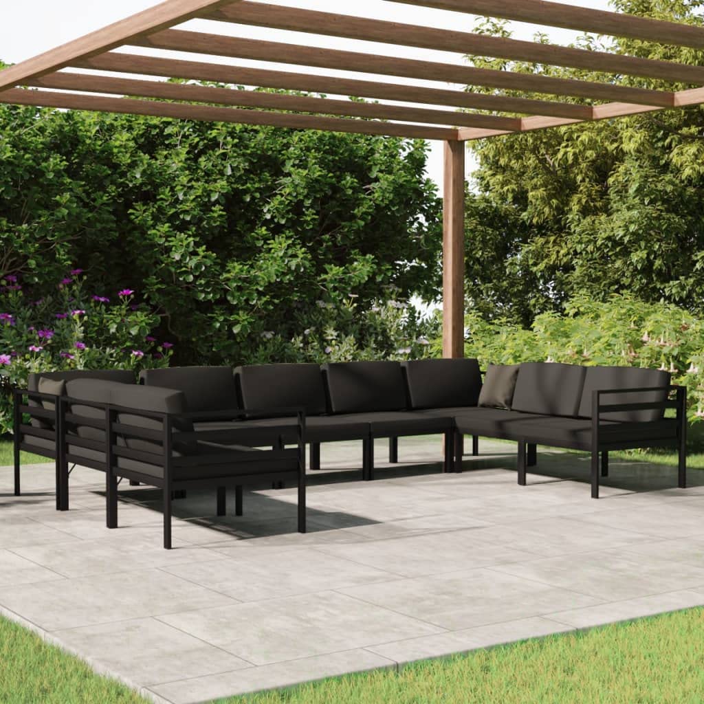 Juego de 9 muebles modulares de jardín de aluminio antracita con cojines de asiento y respaldo
