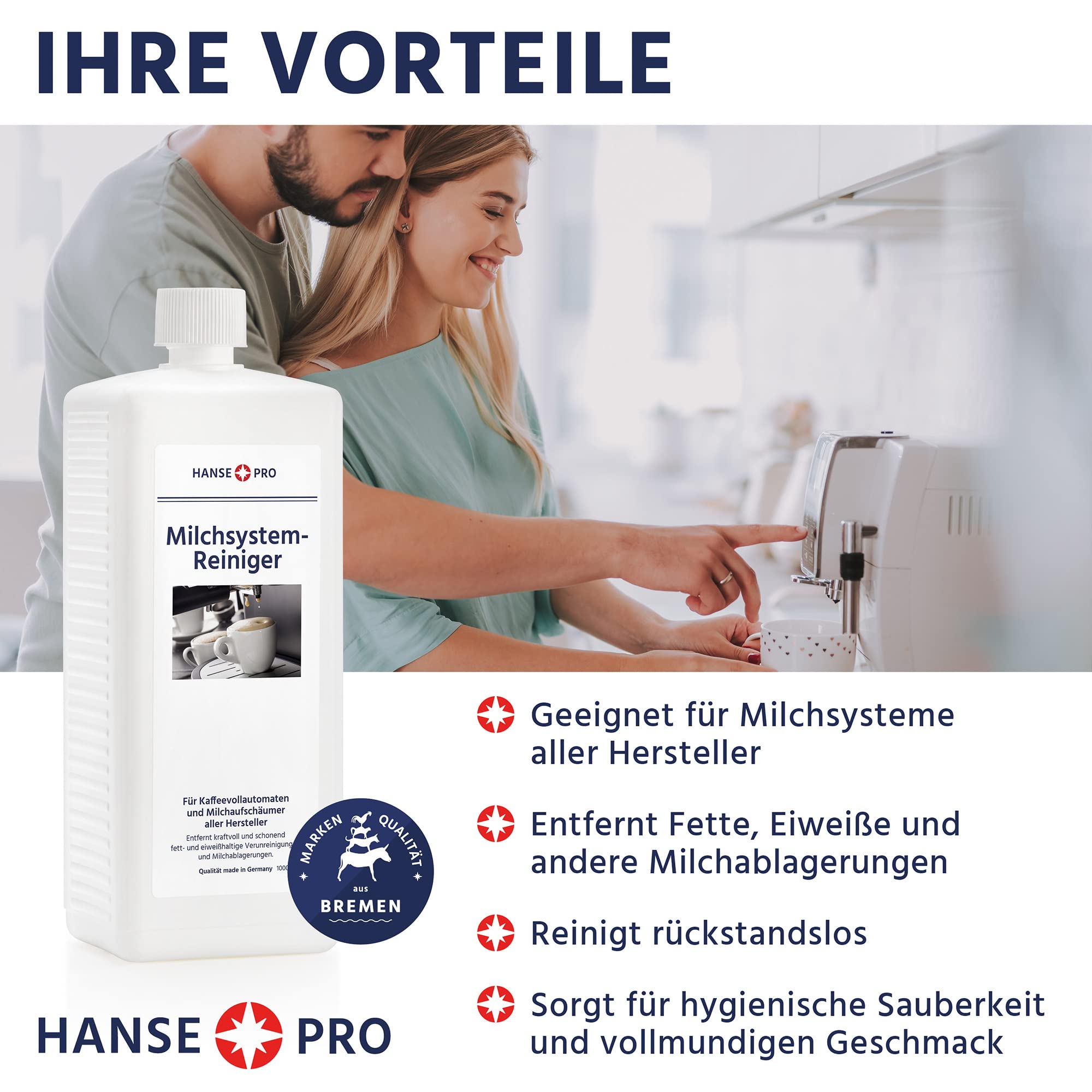 HANSE PRO Milchsystem-Reiniger, 1 x 1000 ml I Milch-Reiniger I Milchschaum-Reiniger I Reiniger für Milchaufschäumer, Kaffeevollautomaten Sahneautomaten I ideal für Jura Krups Philips uvm.