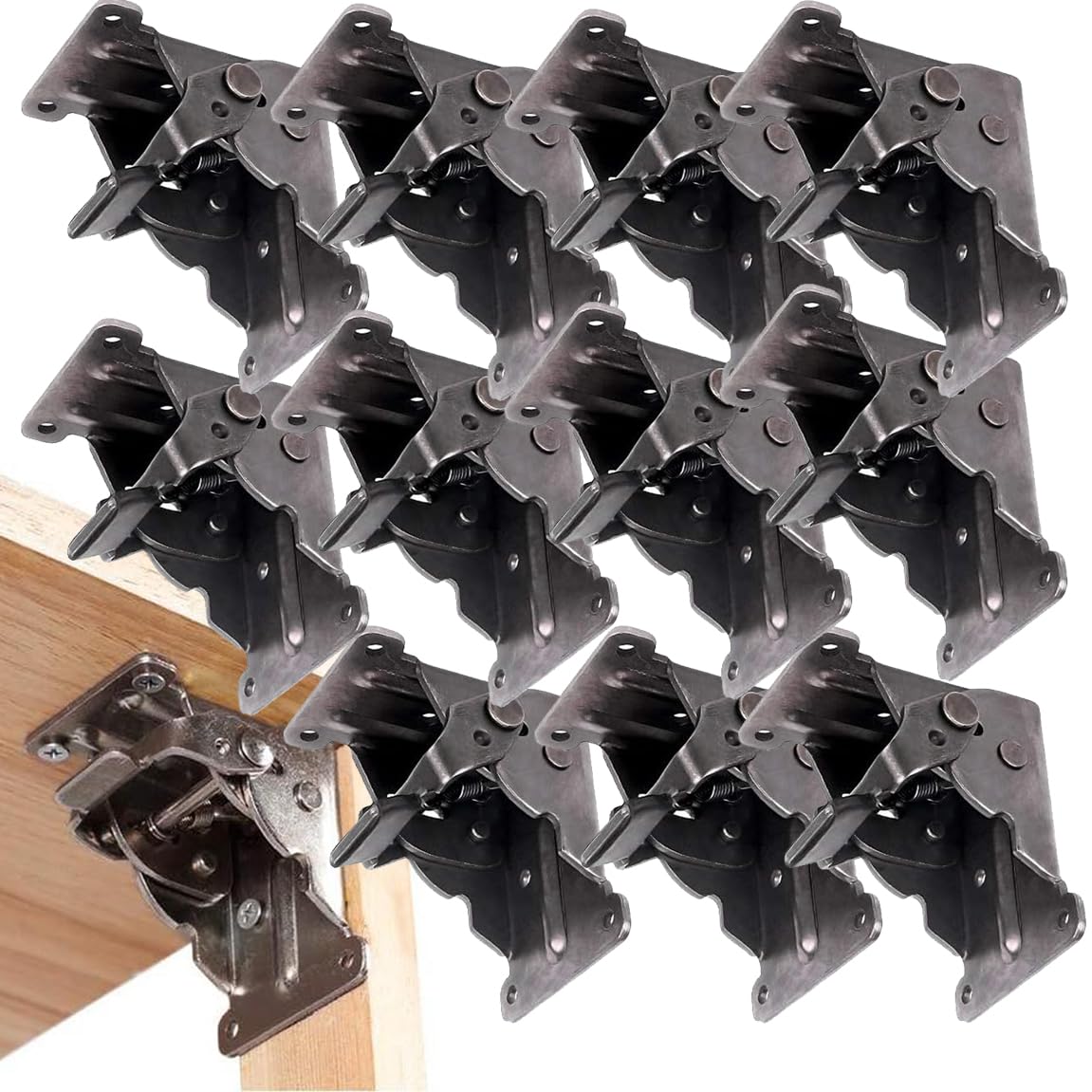 Folding Brackets Black, Lock Extension Support Bracket Foldable Self Lock Hinges with Screws for Table Bed Leg Feet (12 Pack)