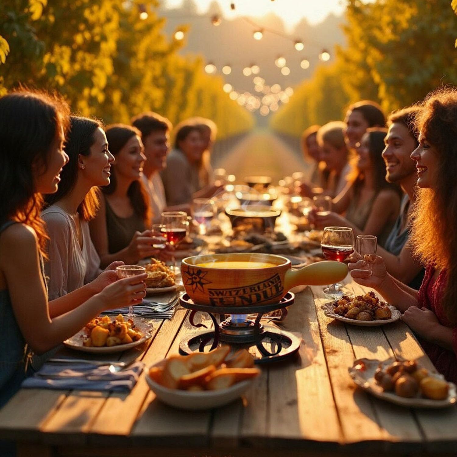 Artestia 2.11-Quart Swiss Design Ceramic Fondue Pot Set for Cheese, Chocolate Melting Pot with 6 Fondue Forks and Swiss Vintage Pattern, Perfect for 6 People, 10 Piece