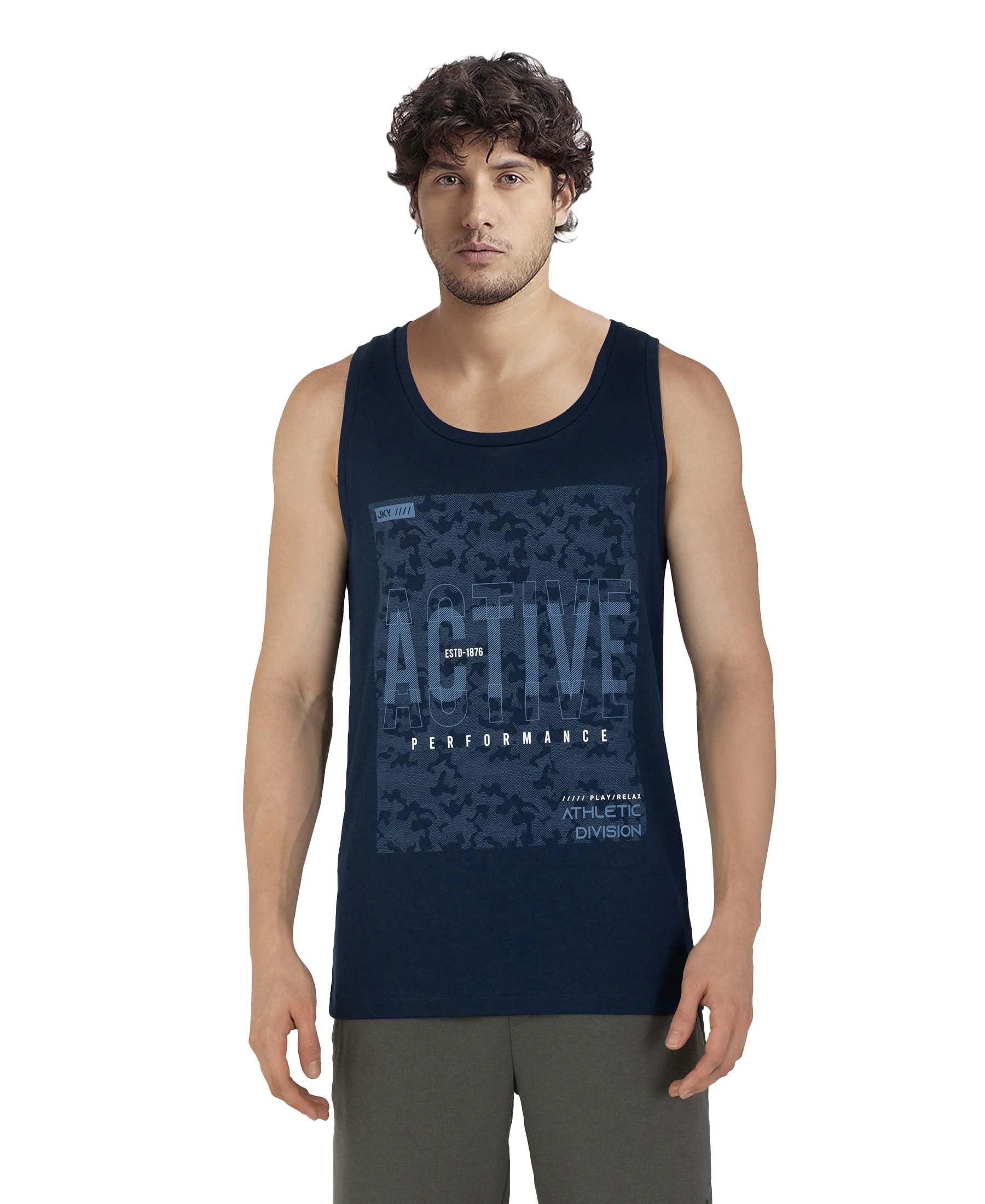 Jockey Men's Super Combed Cotton Regular Fit 9928 Rich Graphic Printed Low Neck Tank Top with Stay Fresh Treatment (Prints May Vary)