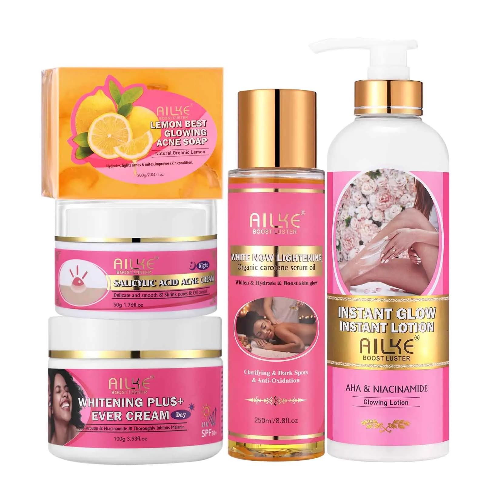 AILKE Hautaufhellungs-Set, tiefenreine Haut mit Niacinamid, AHA, reduziert Akne, Pickel, feine Linien, feuchtigkeitsspendend, pflegend, glatt, veganes Kit für alle Hauttypen