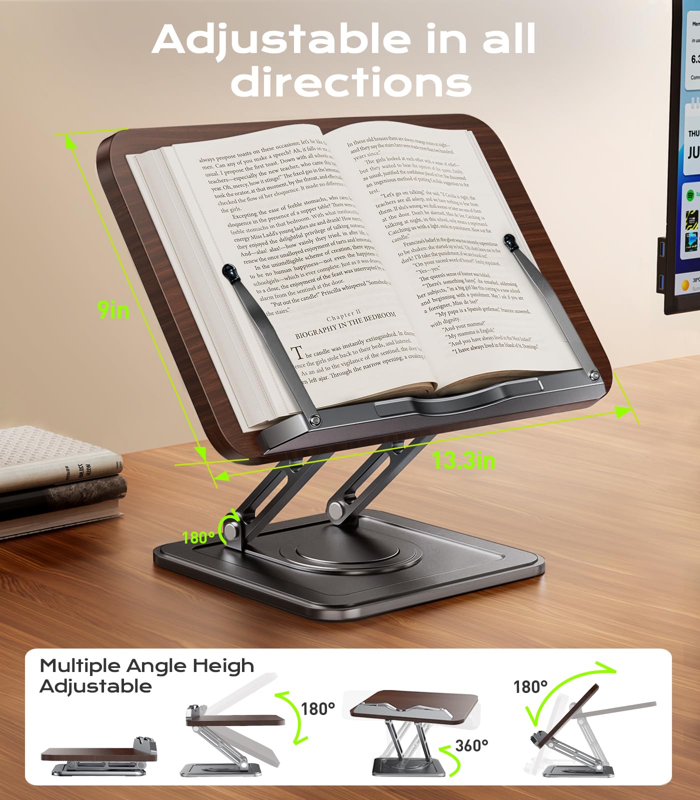 Book Stand for Reading Adjustable Book Holder with 360 Rotating Bases Ergonomic Cookbook Stand Recipe Book Holder with — view 7