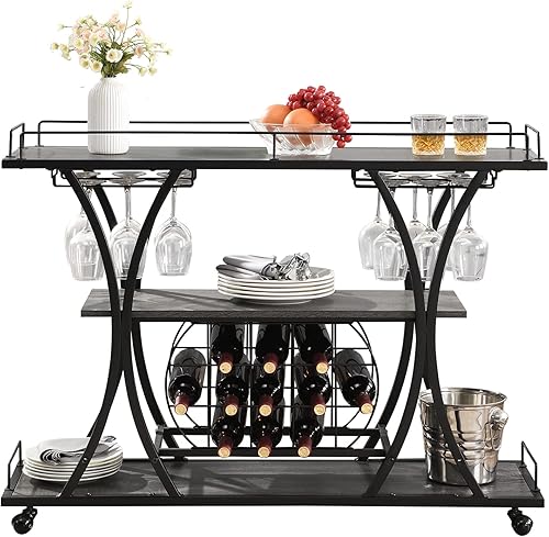 KIVENJAJA Carrito de bar industrial, carrito de servicio rodante con estantes para vino y soporte para vidrio, estante de 3 niveles de licor de