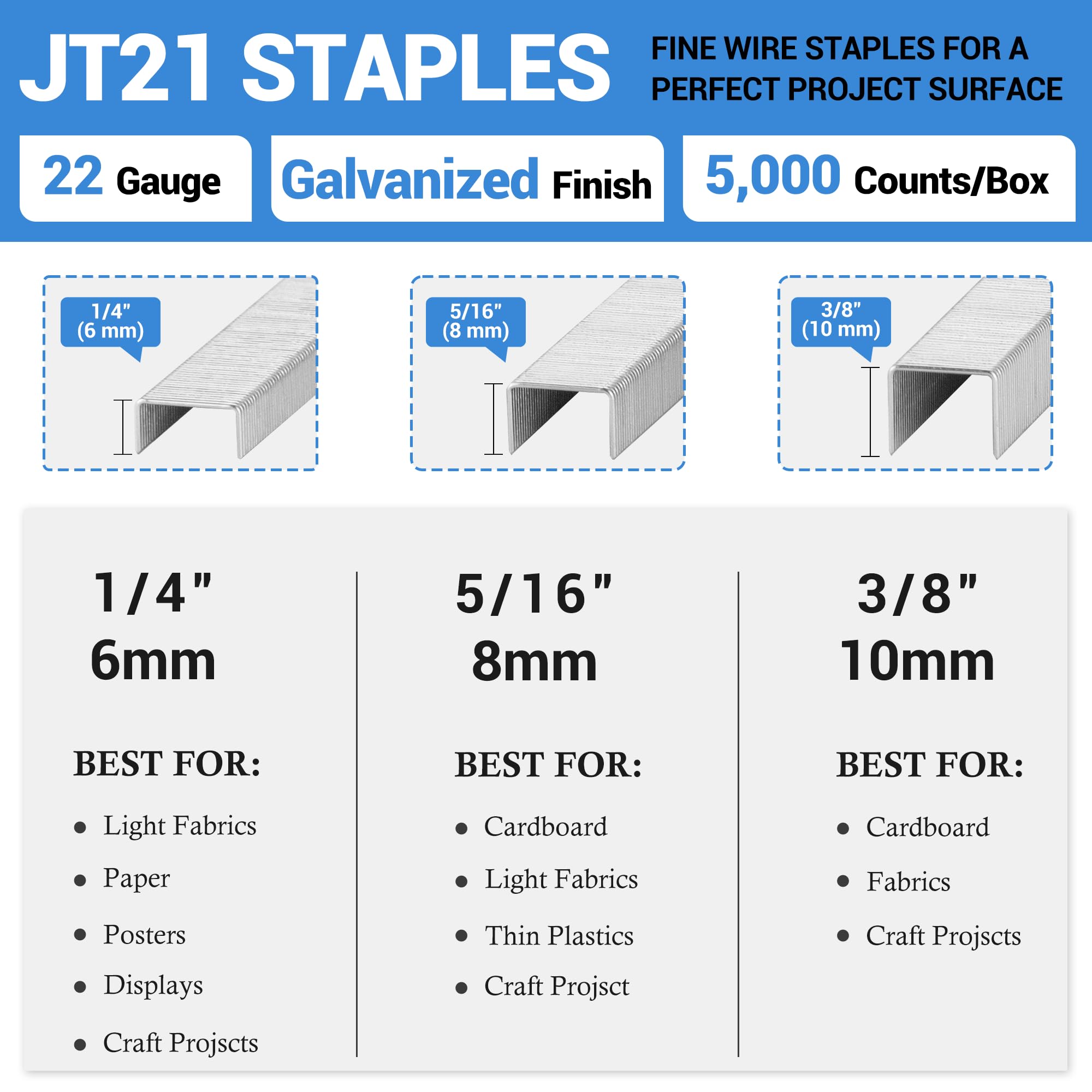 meite Type 53/8 mm Staples, Galvanised JT21 Staples for Staple Gun Fine Wire, 7/16" (11.2 mm) Crown Type 53 Staple Refill - Image 2