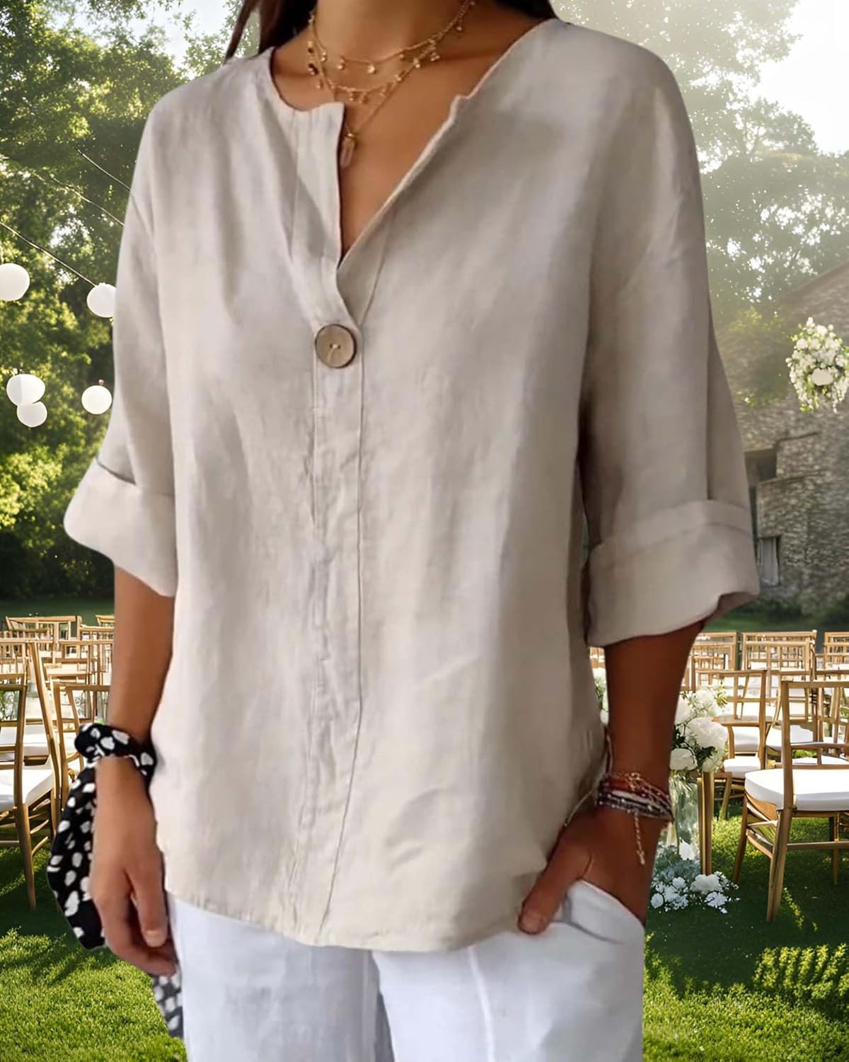 Womens Cotton Linen Button Down Shirts Casual Summer V Neck 3/4 Sleeve Solid Loose Fit Tunic Tops Vacation Tee - Image 6