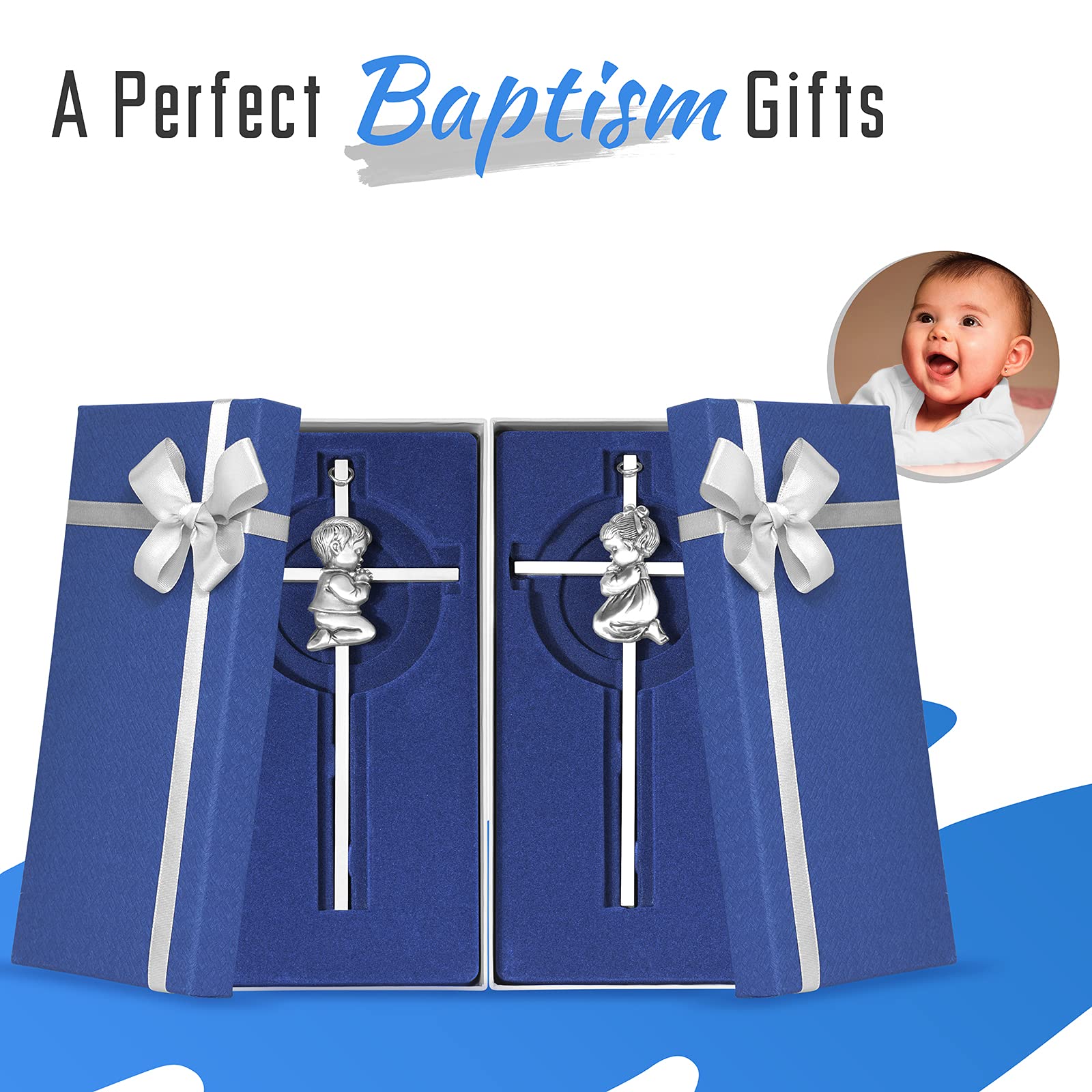 2 PCs Silver Baby Wall Cross Baptism Gifts for Boy and Girl Christening First Communion Dedication Gift for Baby Girls Goddaughter Religious Baptismal Children Crosses Gifts from Grandparents - Image 2