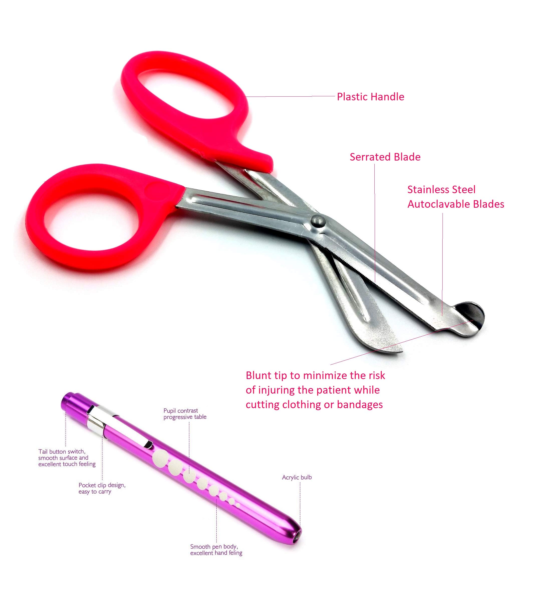 Pink Reusable LED Penlight with Batteries + Paramedic Utility Trauma EMT Bandage Shears Scissors 7.5