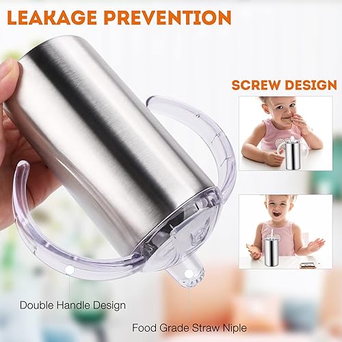 Miniatura 3 de Vasos para sorber aislados de acero inoxidable de 12 onzas con asas, paquete de 2 vasos al vacío a prueba de derrames para niños pequeños, vaso de