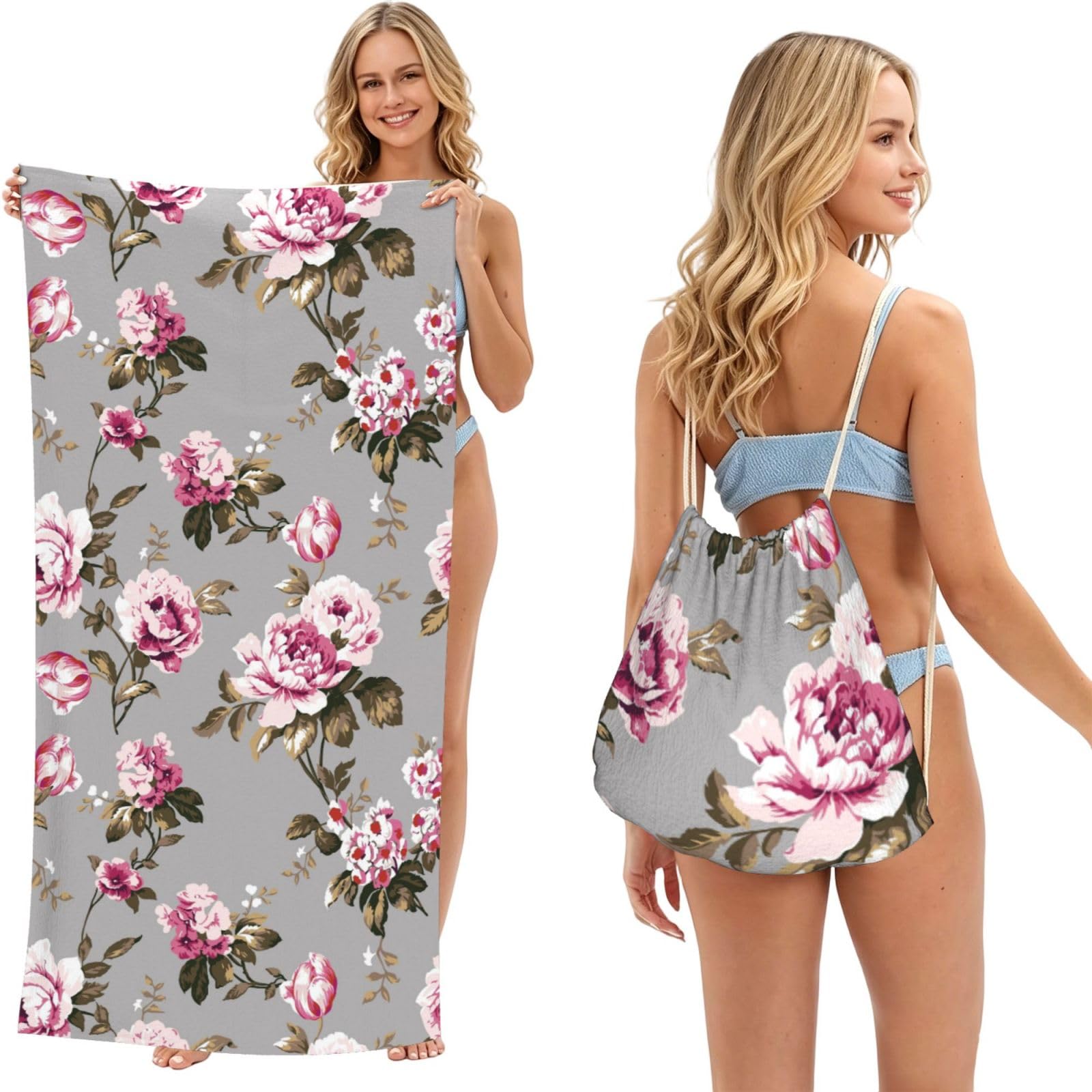 Poadnly As Picture Shabby Chic Vintage Rose Tulip, 2 In 1 Packable Towel Bag, Beach Towels With Drawstring Backpack For Travel Holiday Camping