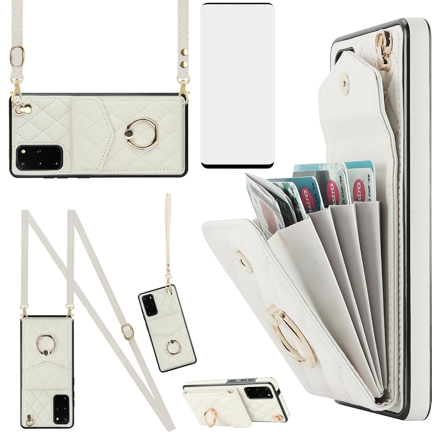 Photo 1 of Asuwish Phone Case for Samsung Galaxy S20 Plus S20+ 5G Wallet Cover with Tempered Glass Screen Protector and Ring RFID Blocking Card Holder Cell S20+5G S20plus 20S + S2O S 20 20+ G5 Women Off White