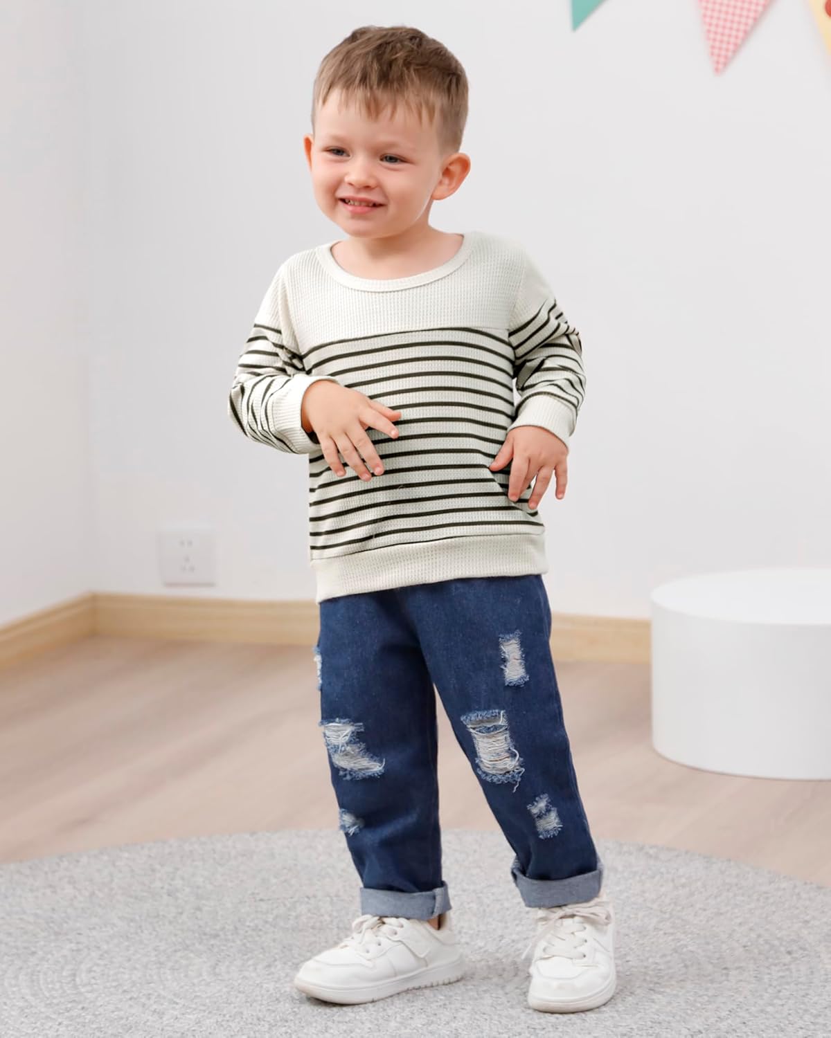 CARETOO Toddler Baby Boy Clothes Long Sleeve Sweatshirt Top Ripped Jeans Pants Set Infant Fall Winter Outfits 1-5T - Image 2
