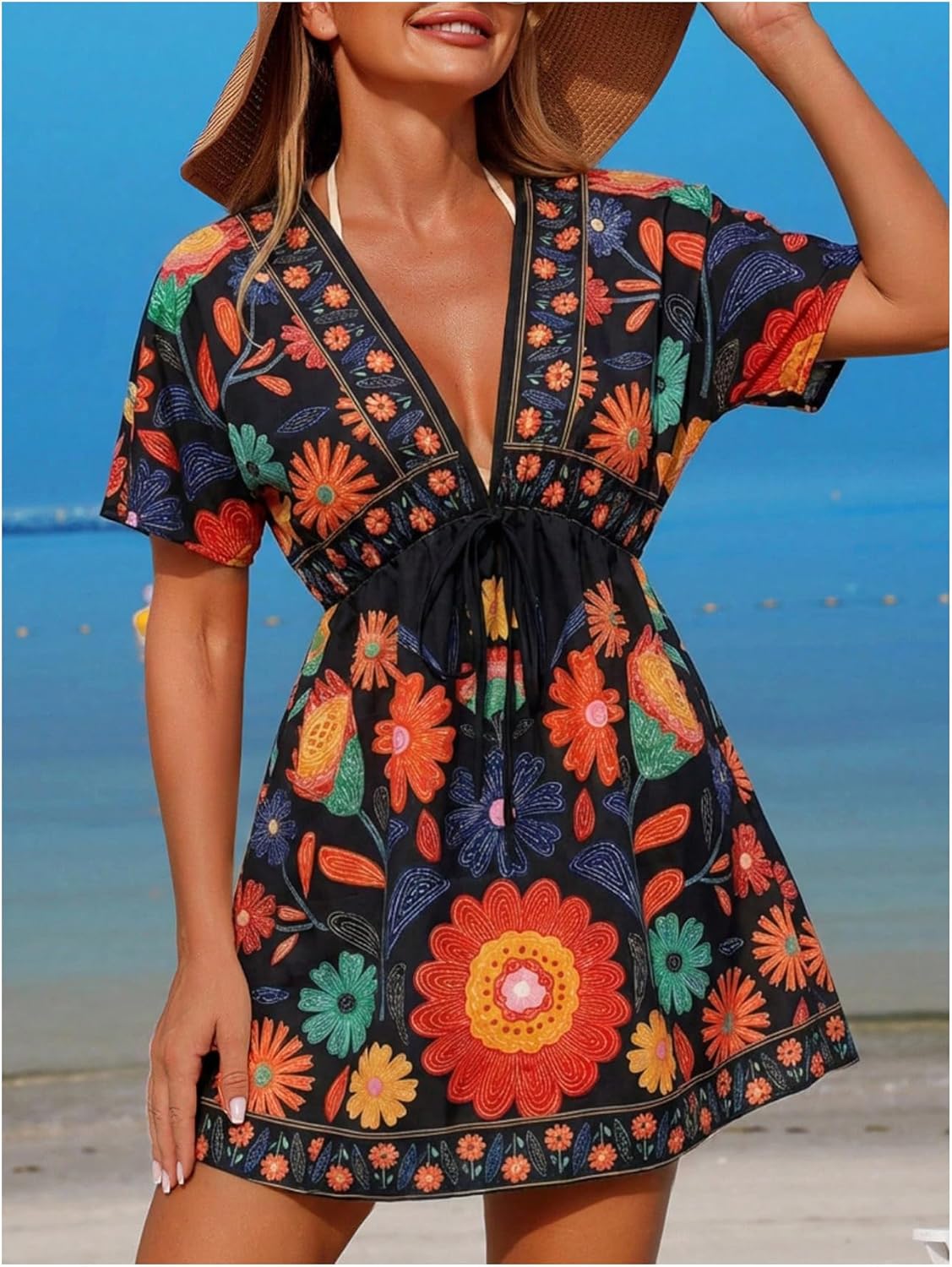 GORGLITTER Women's Floral Tropical Sun Dress Boho Swimsuit Coverup Bikini Bathing Suit Beach Cover Ups Resort Outfits