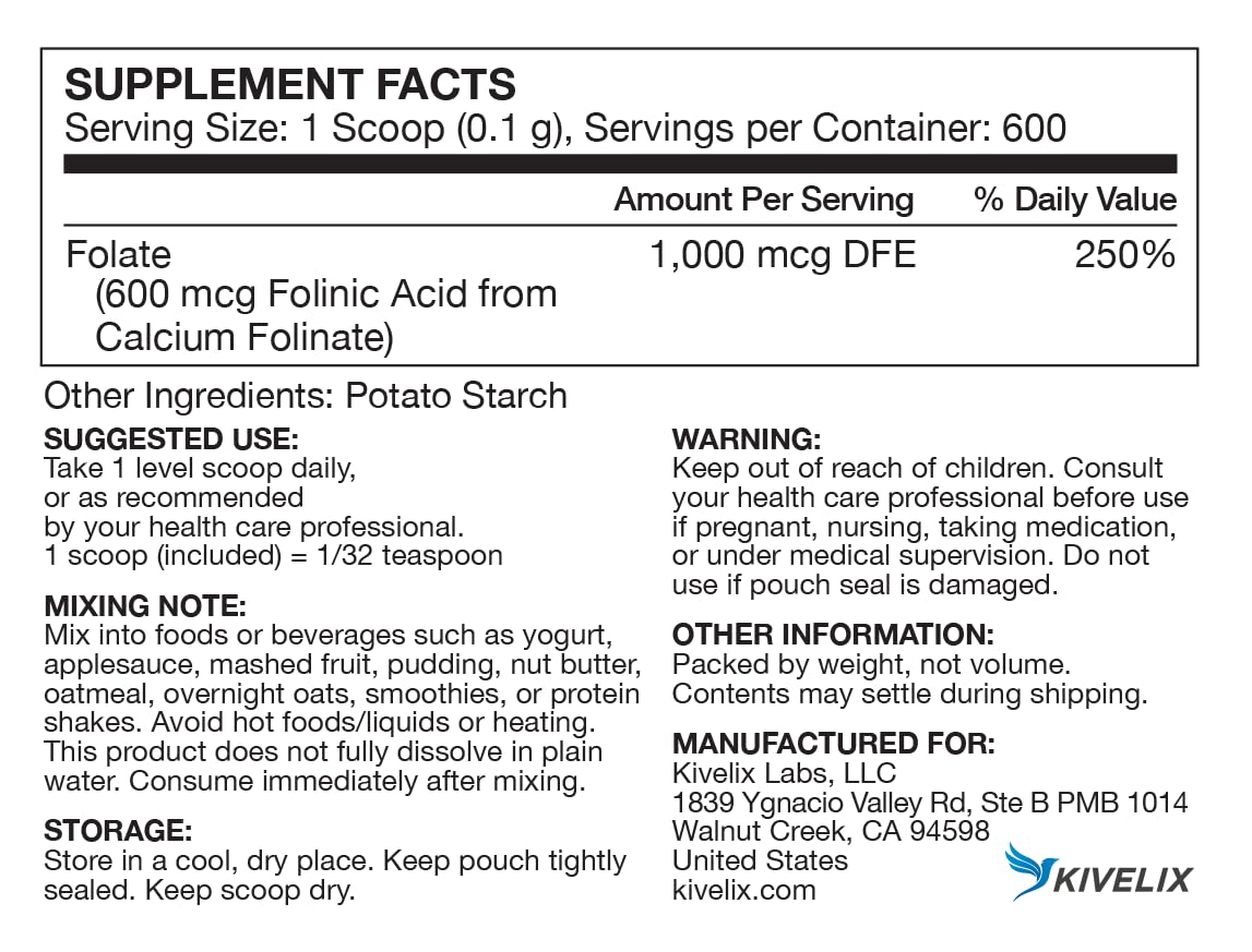 Folinic Acid Powder 60 g | 600 Servings | 600 mcg (0.6 mg) Folinic Acid Per Serving | 1/32 TSP Serving Scoop Included | Calcium Folinate Folate Supplement | Bioactive Vitamin B9 | Unflavored — Amazon image 4