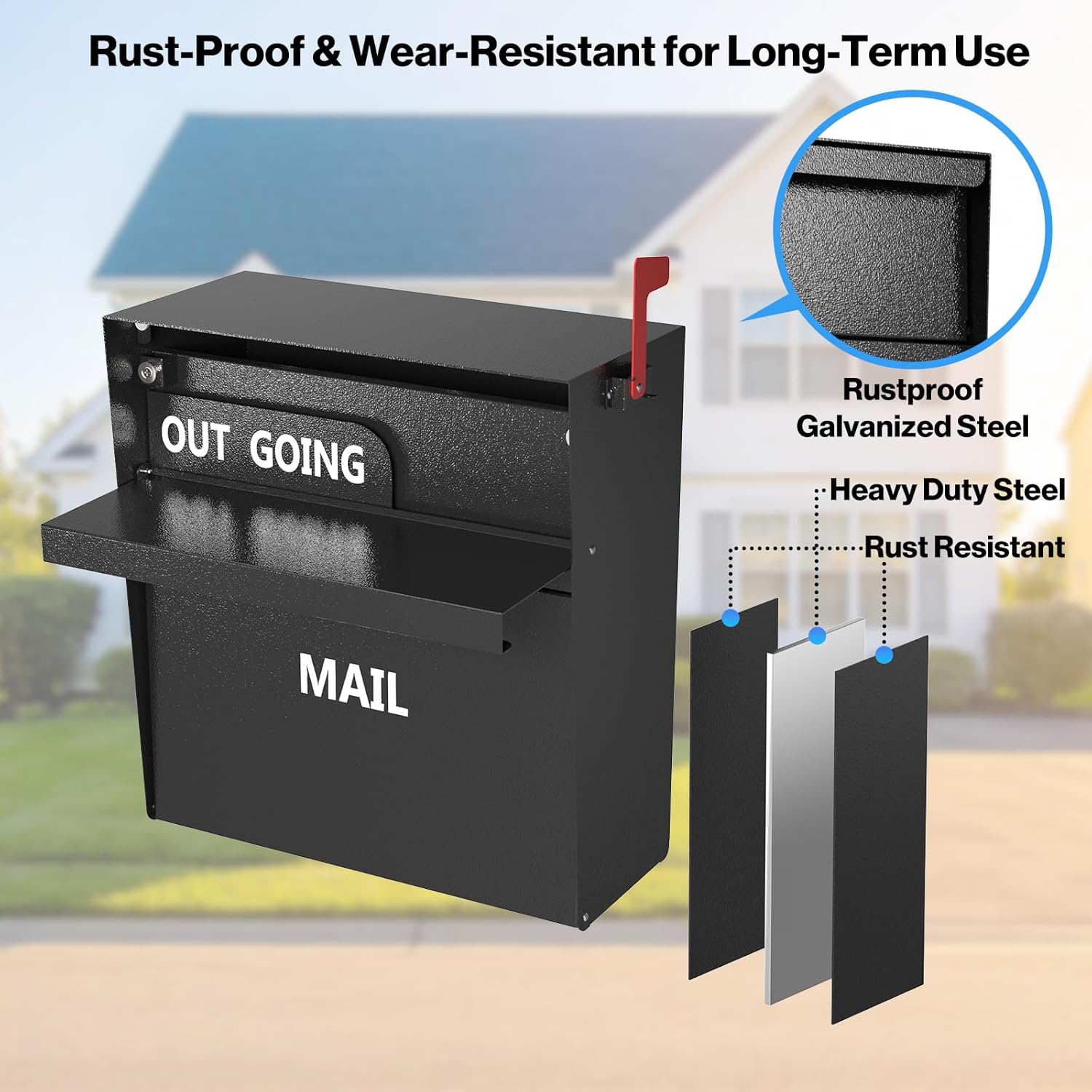 Pochar Rainproof Wall Mount Mailbox for Outside - Locking Galvanized Steel Mail Box with Outgoing Mail Flag - Morden Mailbox for House Office Apartment - Outdoor Mailboxes with Lock & Key (Black)