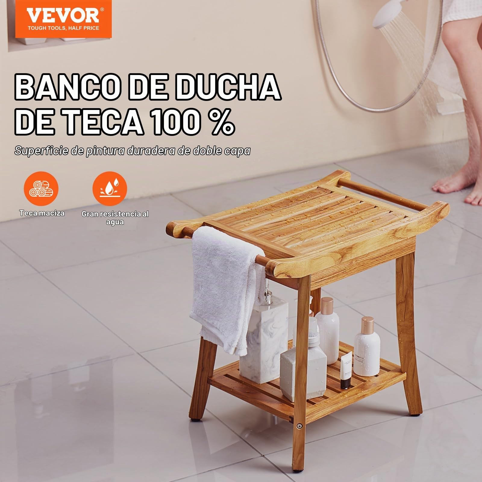 VEVOR Banco de Ducha de Teca de Madera Resistente al Agua con Estante de Almacenamiento, Asa y Patas Antideslizantes, Carga Máxima de 136,1 kg, para Uso en Interiores y Exteriores 560 x 365 x 470 mm