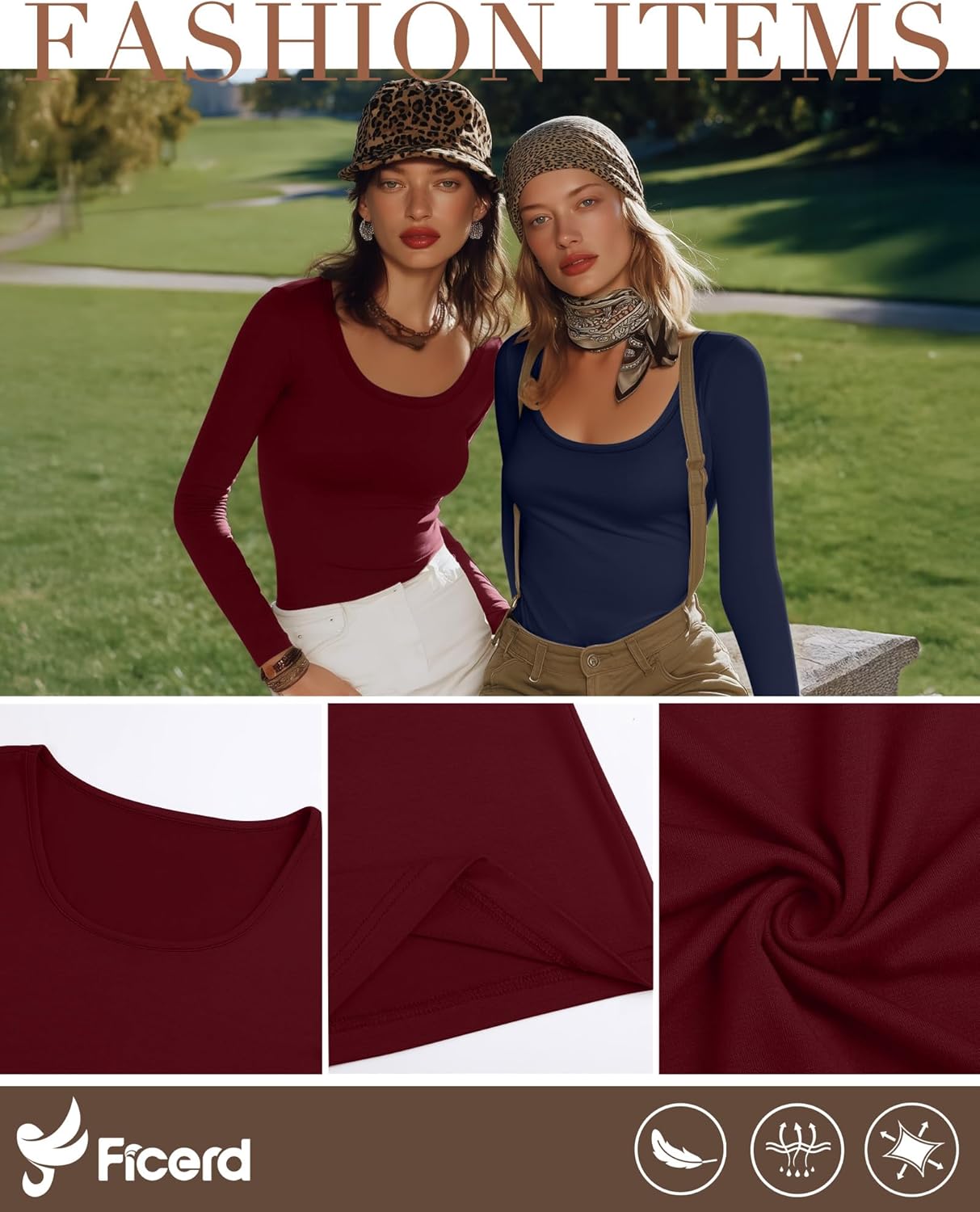 Ficerd 4 Pack Women's Scoop Neck Tops Long Sleeve Slim Fit T-Shirts Stretchy Tight Casual Plain Layering Shirts Tees - Image 3