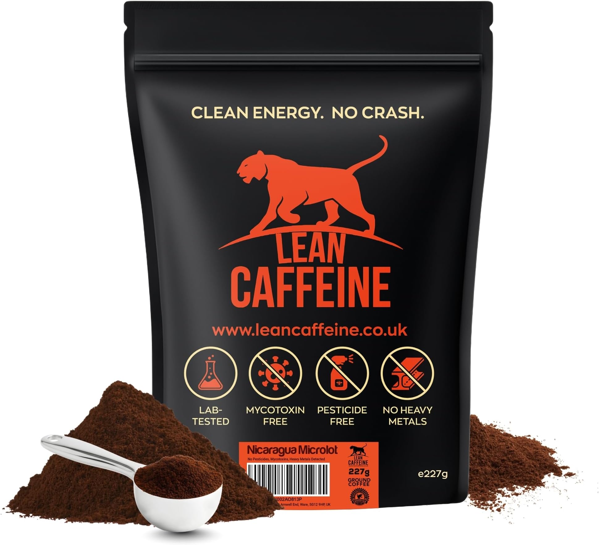 Lean Caffeine Nicaragua Ground Coffee – Super Clean, Tested For Mycotoxins – Full-Bodied Bulletproof Dark Roast Coffee Ground, Low Acid Caffeinated Keto Coffee (227g (1 Pack))