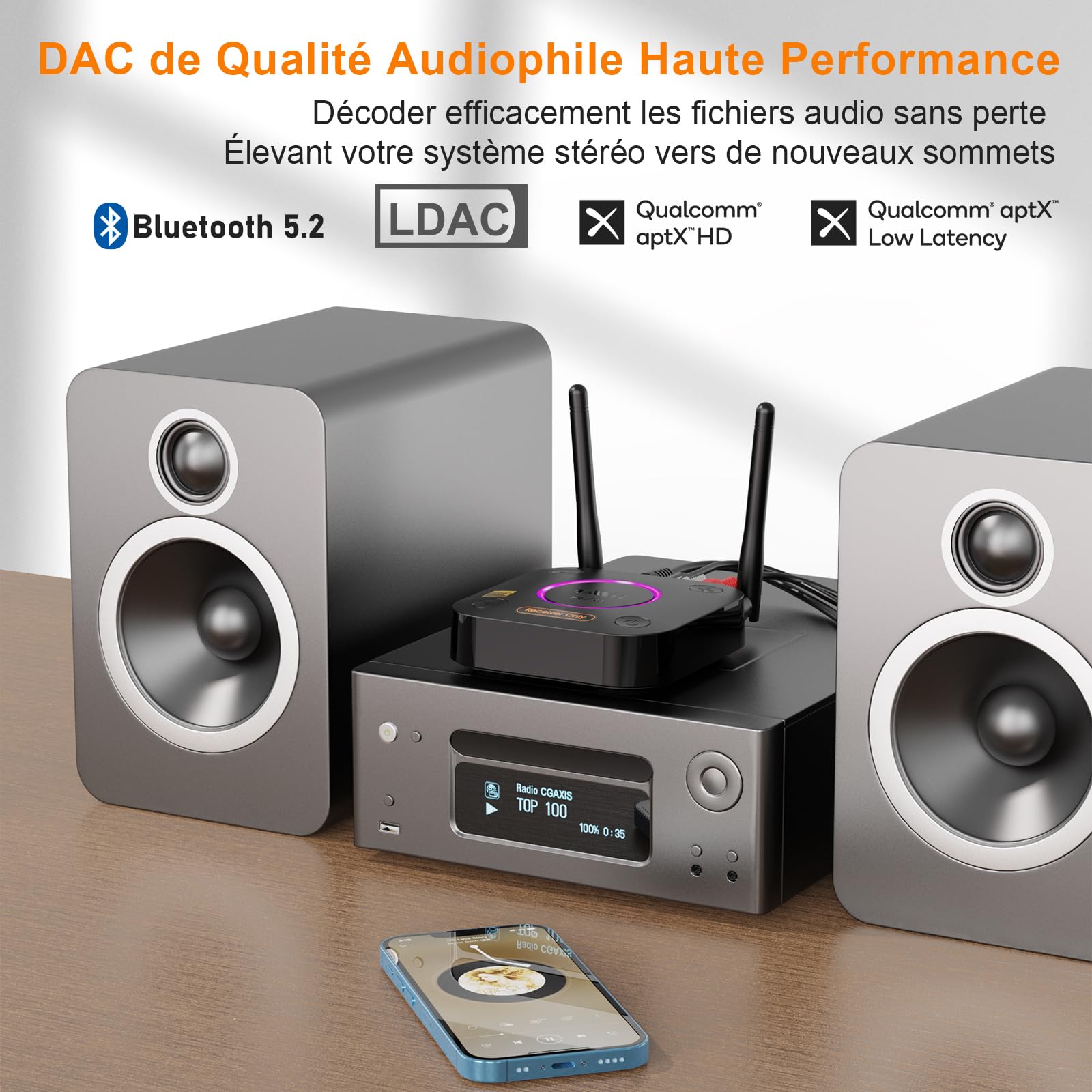 1Mii B06Ultra Récepteur Bluetooth 5.2 avec LDAC pour Audio sans Fil Hi-Res, Adaptateur HiFi Bluetooth avec DAC Audiophile, 3D Surround aptX HD&LL, Optique AUX 3,5 mm Coaxial pour Stéréo Domestique