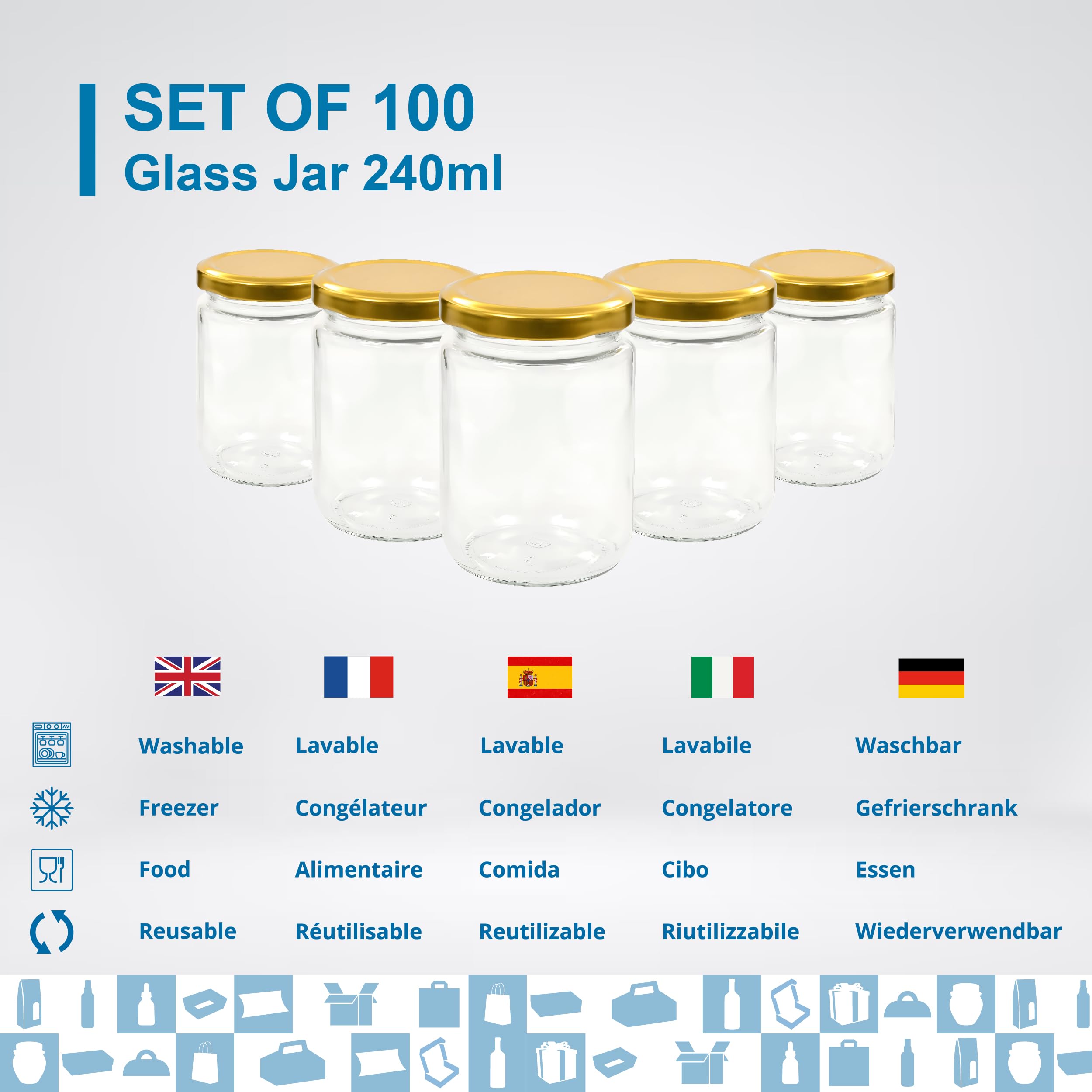 Espirito Rebelde Set mit 100 leeren Marmeladengläsern aus Glas, 240 ml, Einmachgläser für Konfitüren und Konfitüren, Honigglas aus Glas, Joghurtglas, Saucengläser, Hochzeit