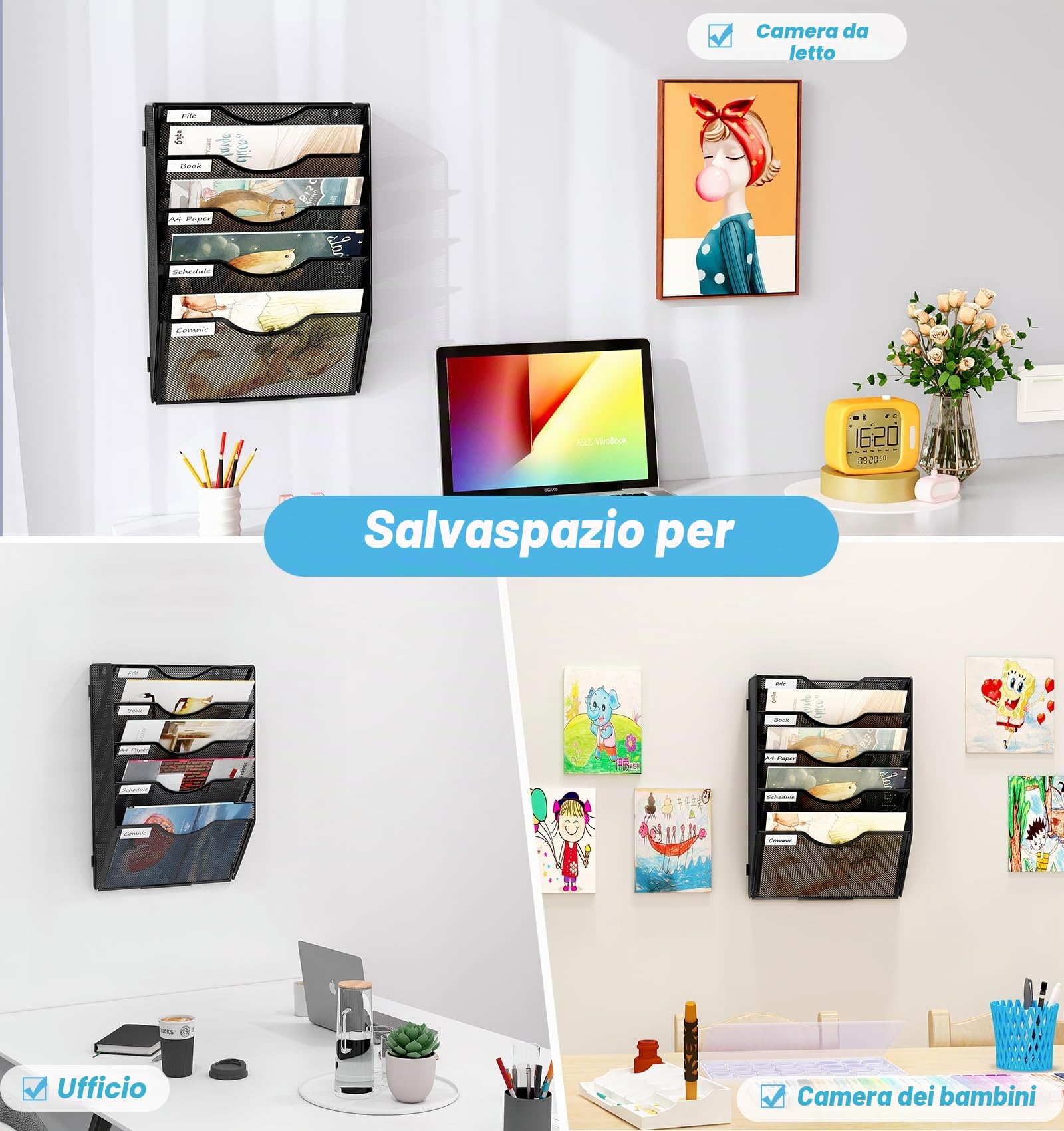 Organizer Documenti da Parete 5 Livelli con Portariviste A4 - Metallo Schedario Ufficio Multifunzione, Portabrochure per Casa e Scuola - Nero