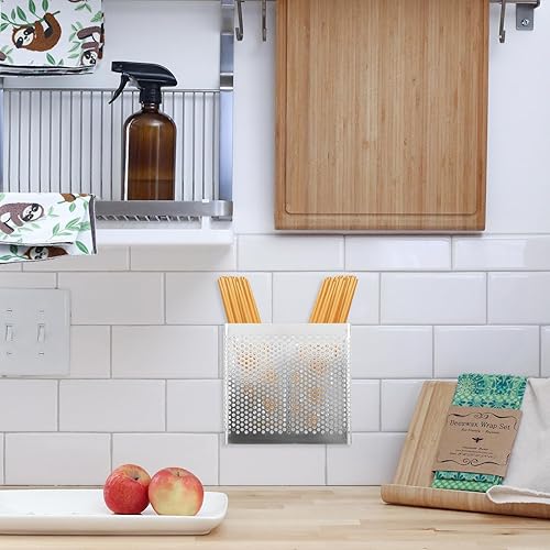 Miniatura 3 de DOITOOL Soporte para utensilios con 2 compartimentos divididos, cesta de acero inoxidable para lavavajillas de cocina con gancho, cesta escurridor
