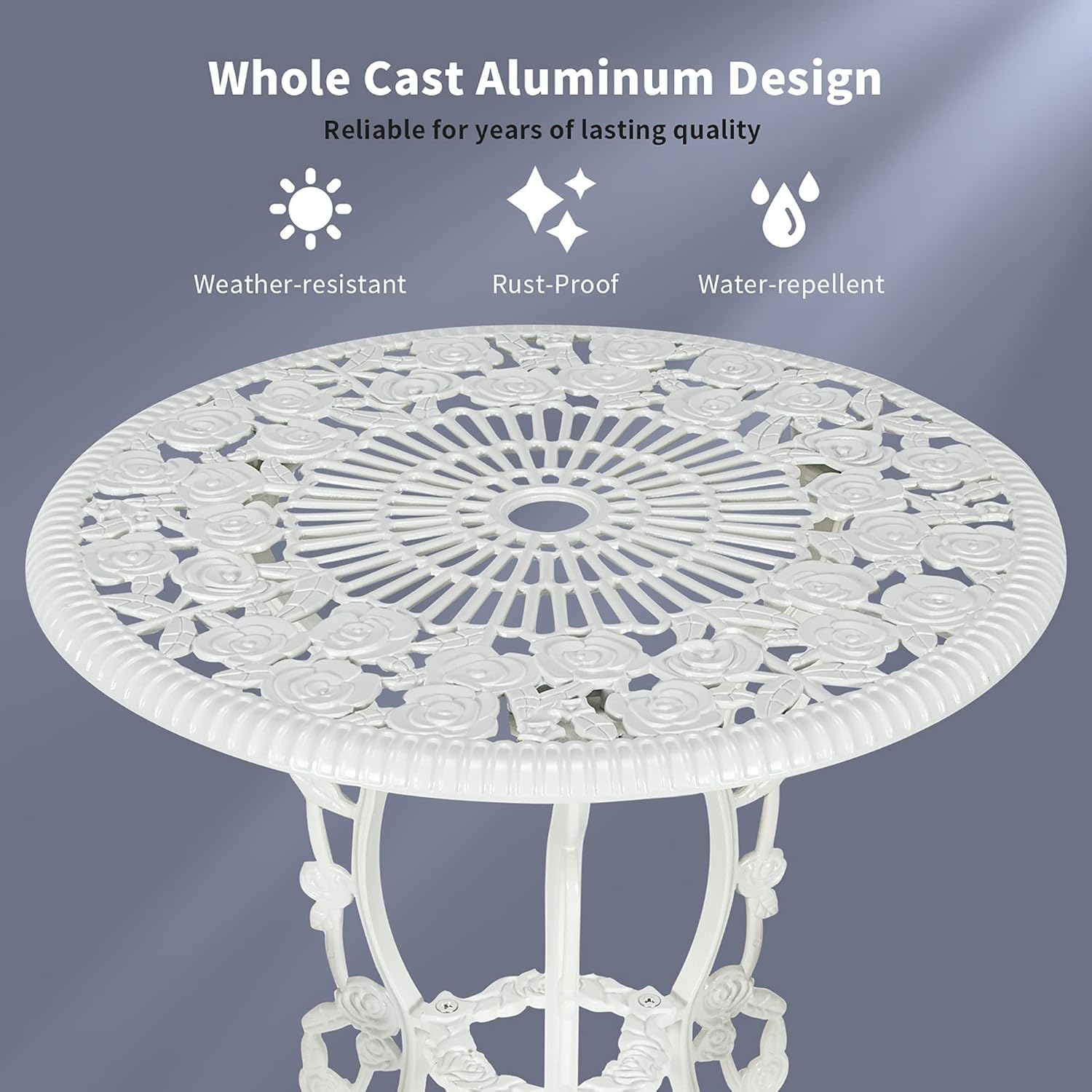 DORTALA 3 Piece Outdoor Bistro Set, Cast Aluminum Small Patio Furniture Set with Round Table and Chairs for Balcony, Porch, Backyard, Deck, White
