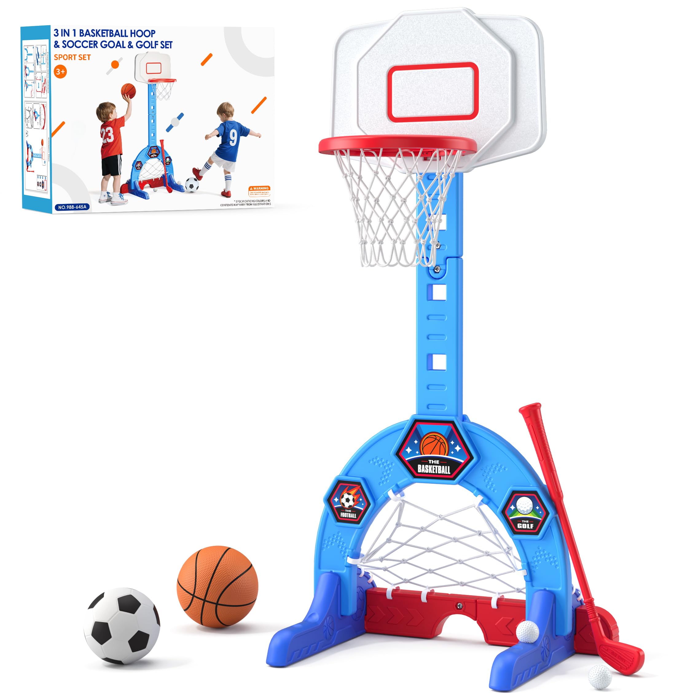 Toddler Basketball Hoop, 3-in-1 Sports Activity Center with Soccer Goal, Golf Game, 5 Height Adjustable Kids Basketball Hoop, Indoor Outdoor Playset Toys Gifts for Boys Girls 3-5, Blue