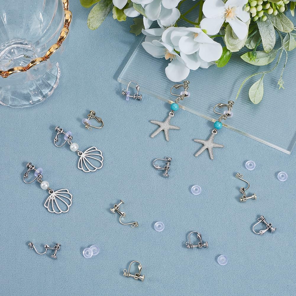Beebeecraft 20Pcs Clip On Earring Converter Ball Shaped Non Piercing Earring Findings Components Screw Backs with Loop Silicone Pads 316 Stainless Steel for Dangle Jewelry Making