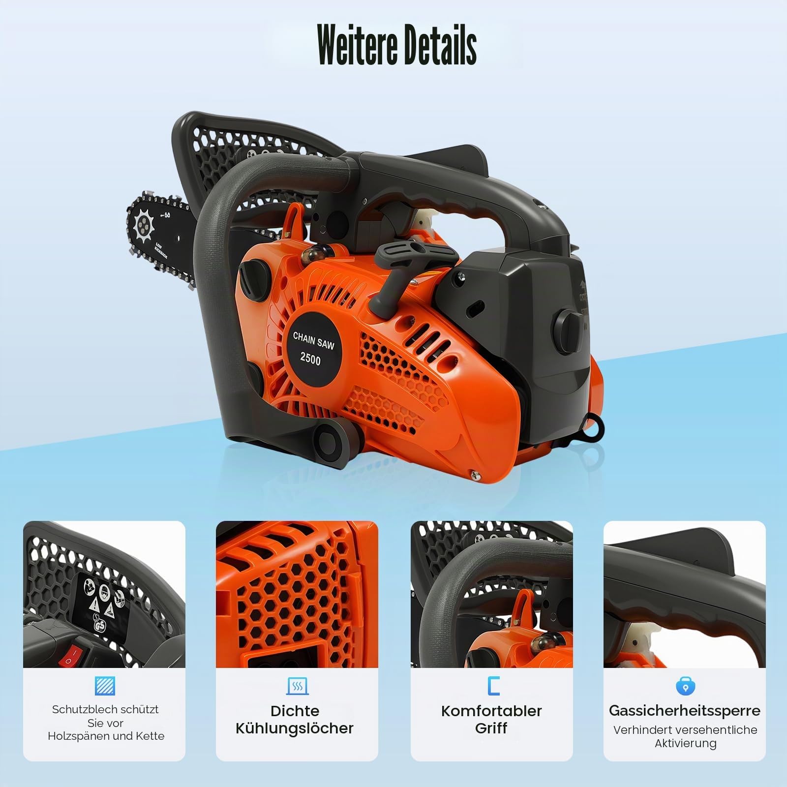 25.4ccm Benzin Kettensäge mit 300cm Schwert, 1.2 PS Mini Kettensäge 2 Takt Motorsäge Benzin max. 9000 U/min, Autom. Kettenschmierung, Motorsäge Top Handle für Gartenpflege und Brennholz