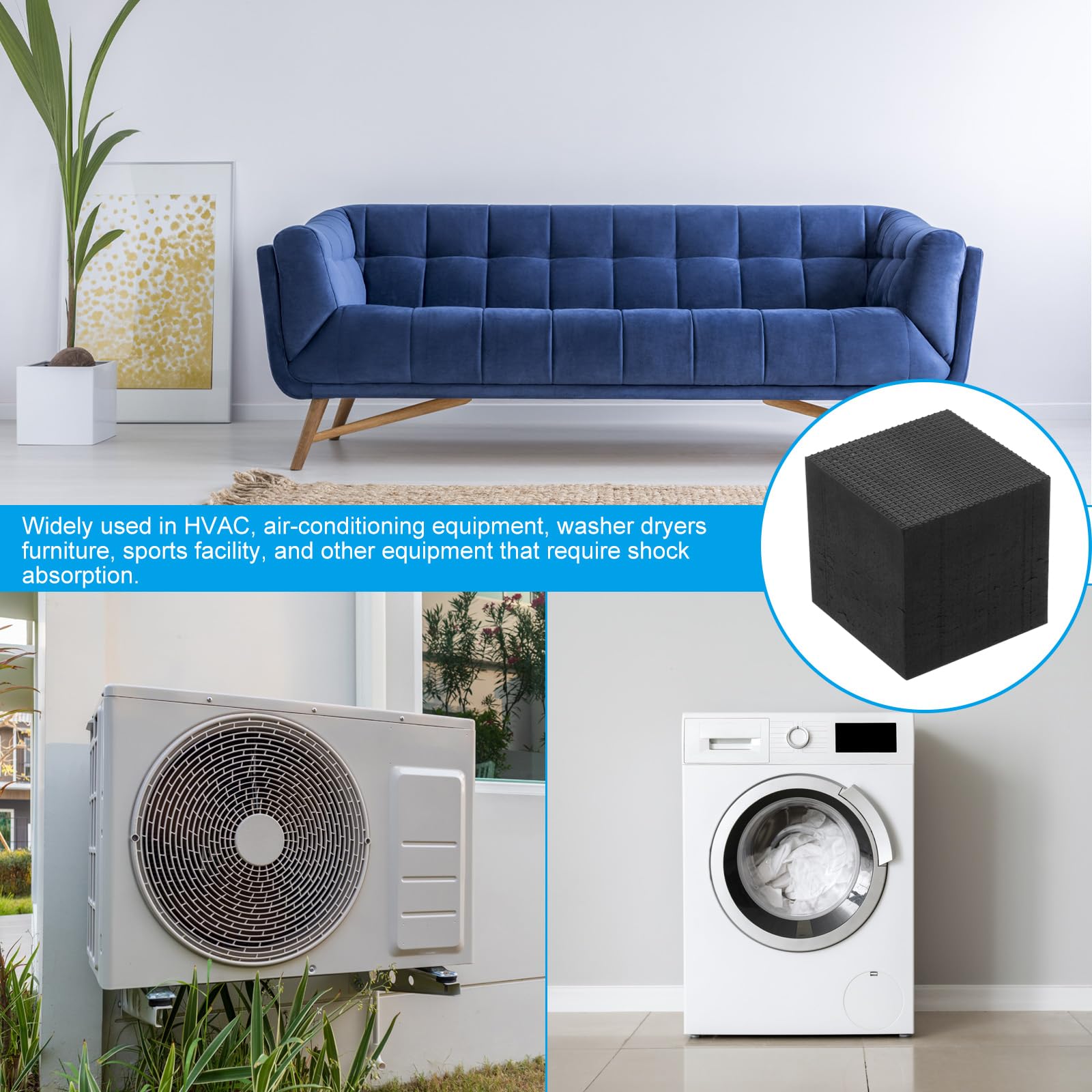 PATIKIL Tappetini Antivibranti in Gomma, 4pz Quadrati 1,97" x 1,97" x 2" per HVAC Condizionatori Aria Compressori Aria Lavatrici Asciugatrici, Nero