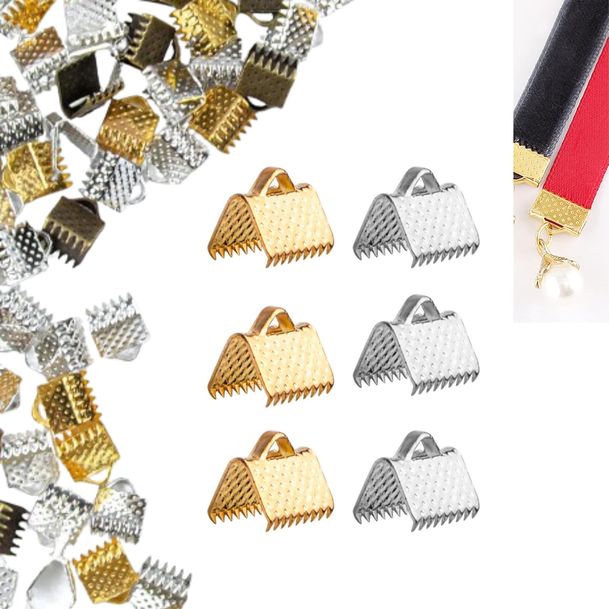 100 Pcs Ribbon Ends Crimp Clamp Findings Cord End Fastener Clasps Cord End Clasps for DIY Craft Leather Suede Jewelry Making Golden + Silver-image-13