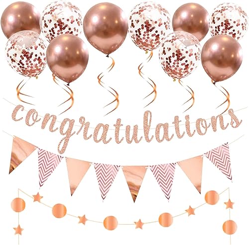 Rose Gold Congratulations Decorations Set Congratulations Banner,Pennant,Star Circle Dots Garland,Hanging Swirls.Baby