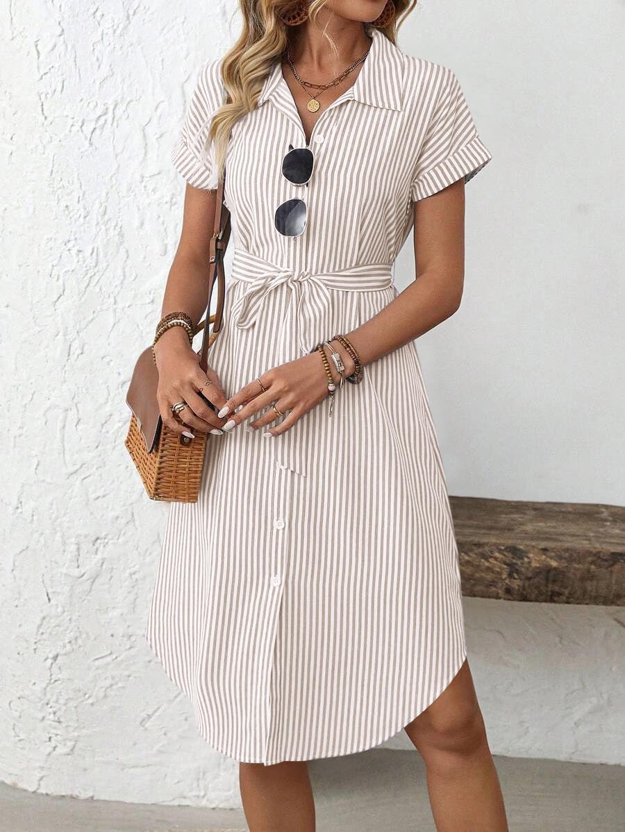 chouyatou Women's Summer Striped Button Down Shirt Dress Casual Loose Belted Midi Long Beach Dress - Image 3
