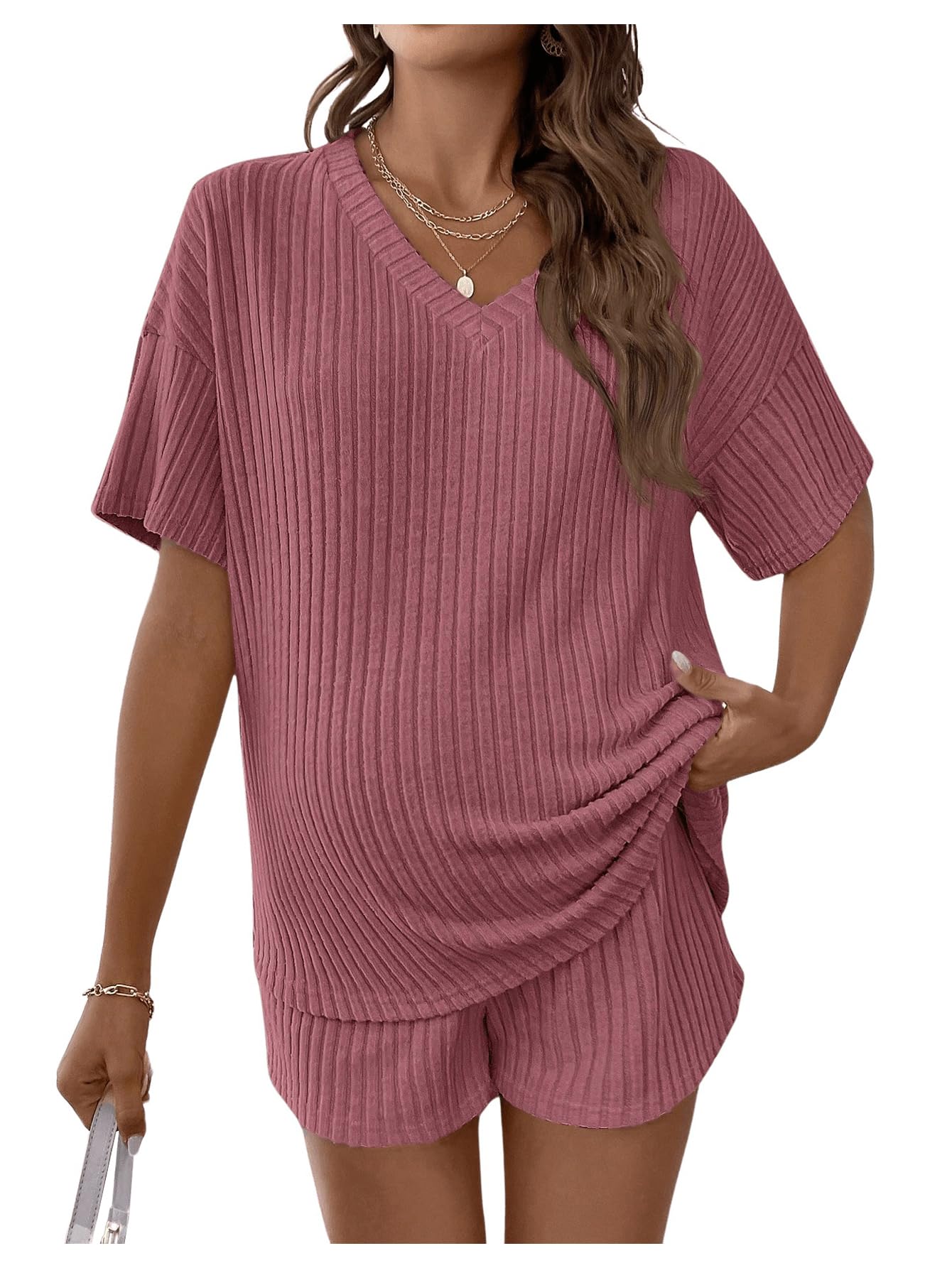 MakeMeChic Women's Maternity 2 Piece Sets Ribbed Shirt and Biker Shorts