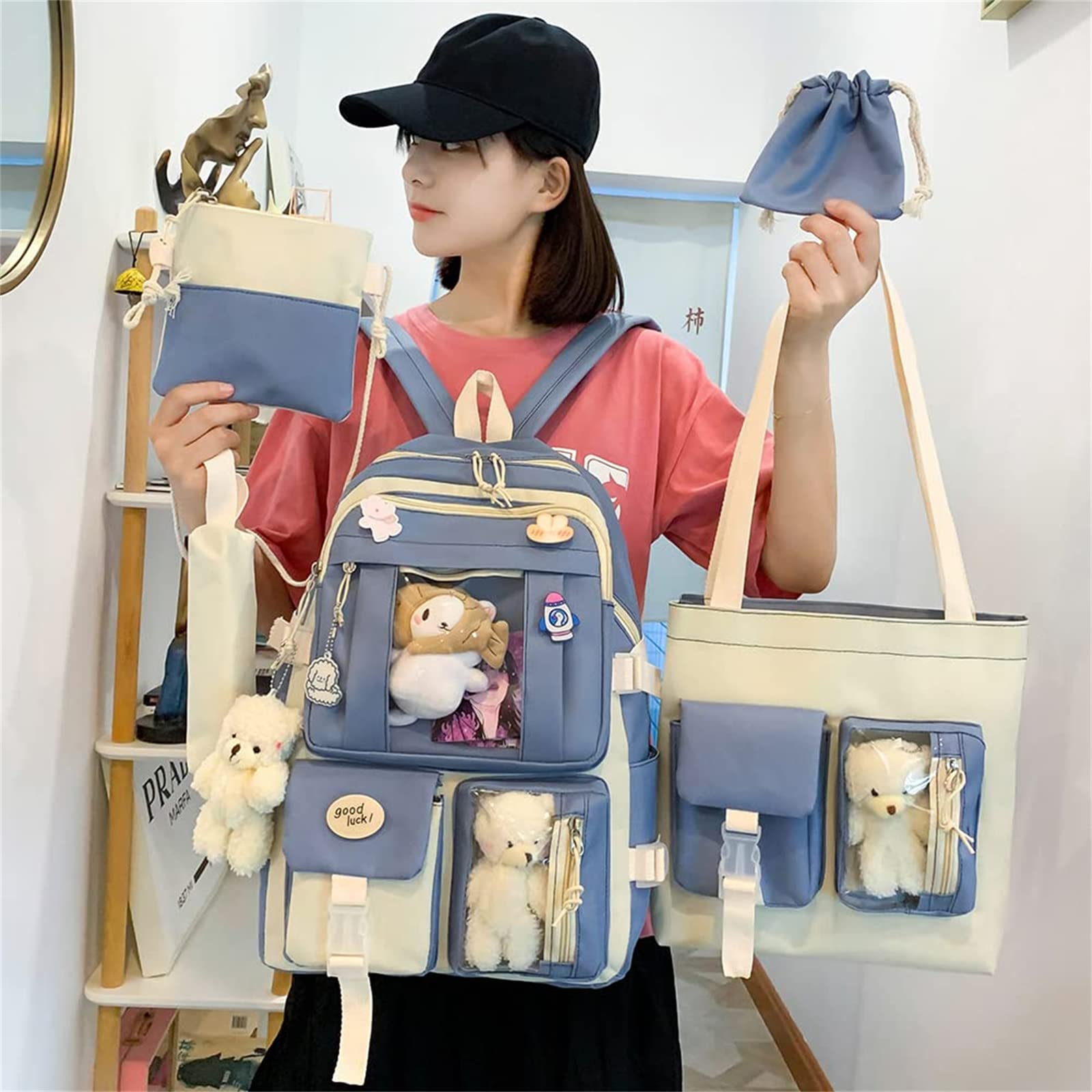 Juego De Mochila Kawaii De 5 Piezas Con Pines Y Colgantes - Material Nailon, Impermeable, Ideal Para Escuela O Viaje
