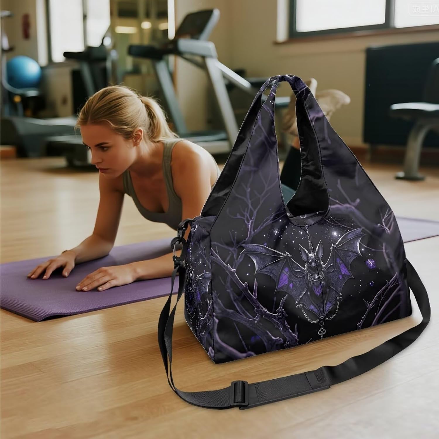 Goth Rose Bat Yoga Gym Bags for Women with Yoga Mat Holder Crow Skull Shoes Compartment Tote Handbag for Travel