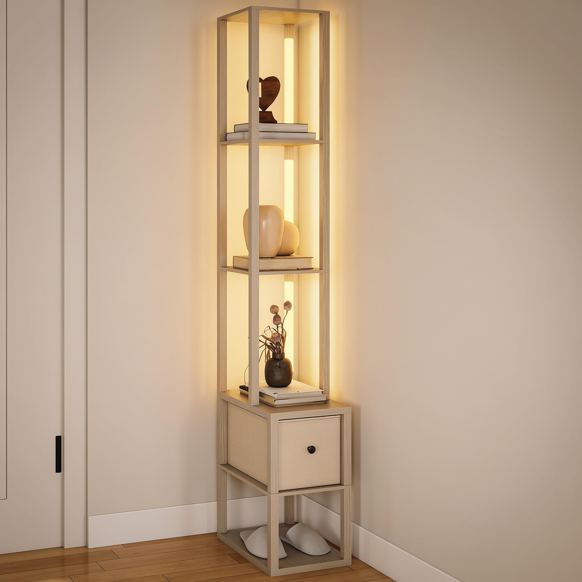 HOMCOM Floor Lamp with Shelves LED Standing Lamp Fabric Drawer Oak