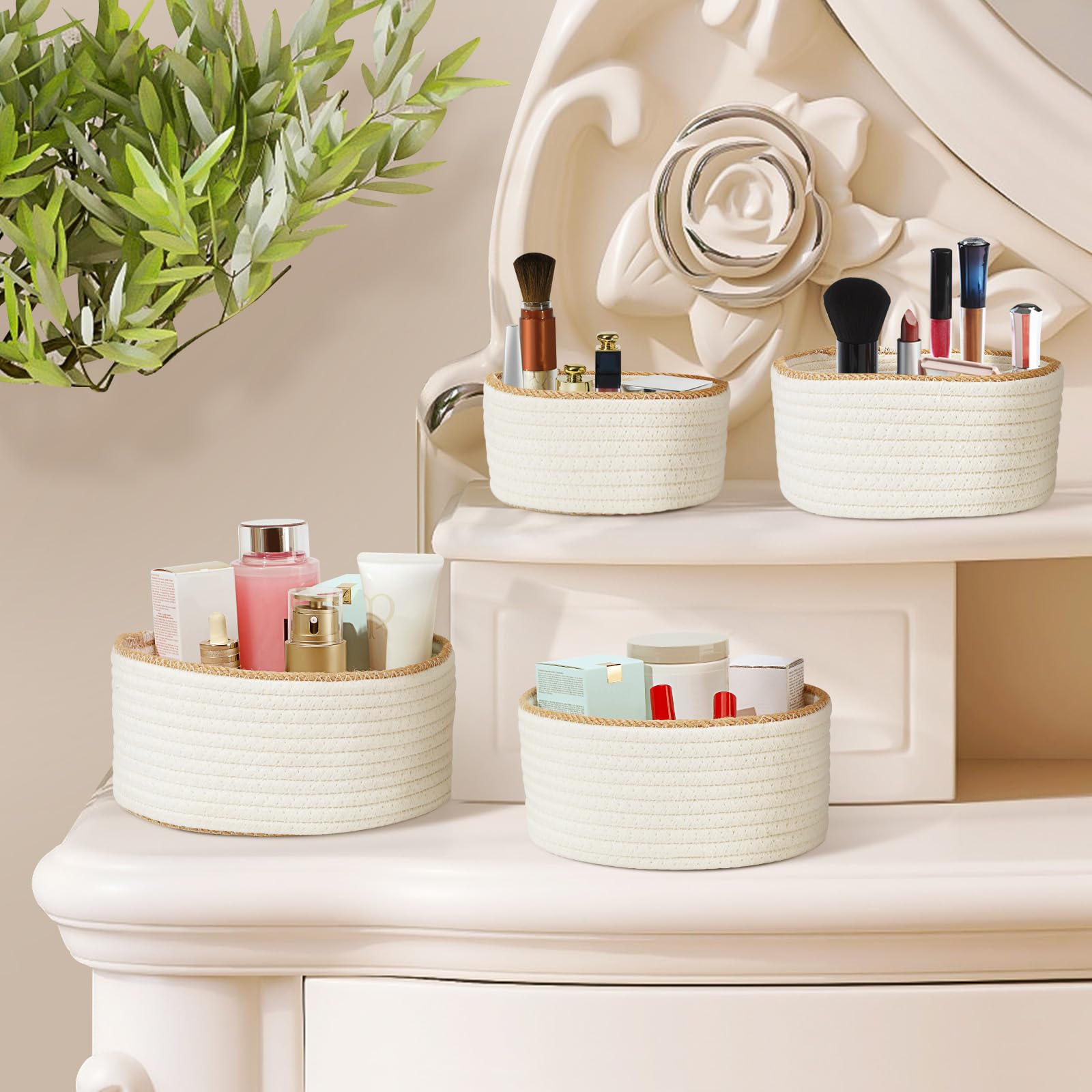 Cesto In Corda Di Cotone Intrecciato - Bianco, Per Bagno, Camera, Organizzazione, Decorazione - Foto 4