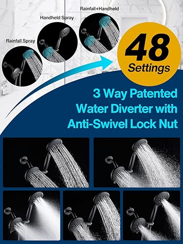 Miniatura 3 de Cobbe Cabezal de ducha de 3 vías de alta presión de 48 ajustes, ducha de mano y ducha de lluvia por separado o juntos, cabezal de ducha doble 2 en 1