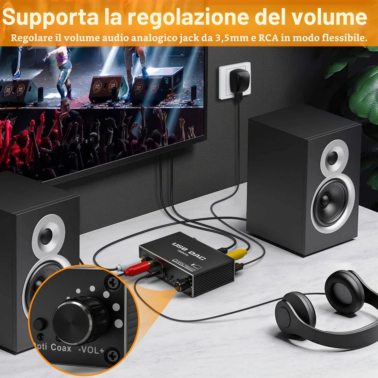Tendak Convertitore audio digitale a analogico DAC USB da 192 KHz, SPDIF ottico USB coassiale a scatola stereo analogica L/R 3,5 mm jack convertitore adattatore audio con controllo del volume