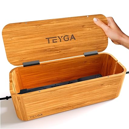 TEYGA Bamboo Cable Management Box Cord Organizer Box Hides Power Strip and Keeps Cords Untangled - Surge Protector Cover Keeps Children Safe - TV Cord Box for Home and Office
