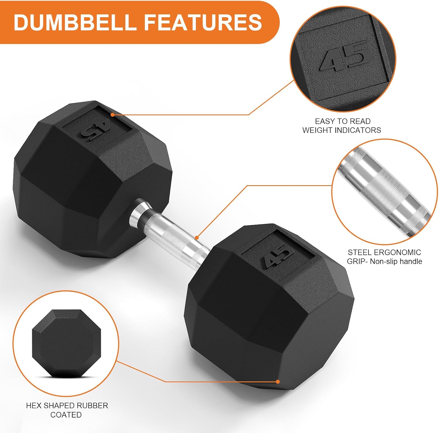Rubber Coated Hex Dumbbell Weight Set with Chrome Handle | Multiple Sizes (35/40/45/50 Lbs Pairs) | Hand Weight for Muscle Toning, Strength Building & Full Body Workout