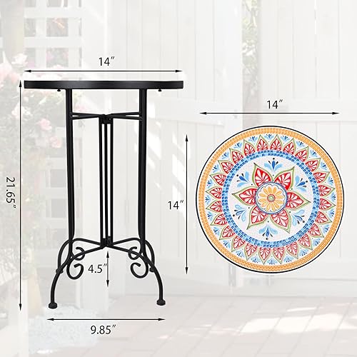 Miniatura 9 de VCUTEKA Mesa auxiliar de mosaico, mesa auxiliar redonda de 21 pulgadas con parte superior de azulejos de cerámica de 14 pulgadas, mesa auxiliar de