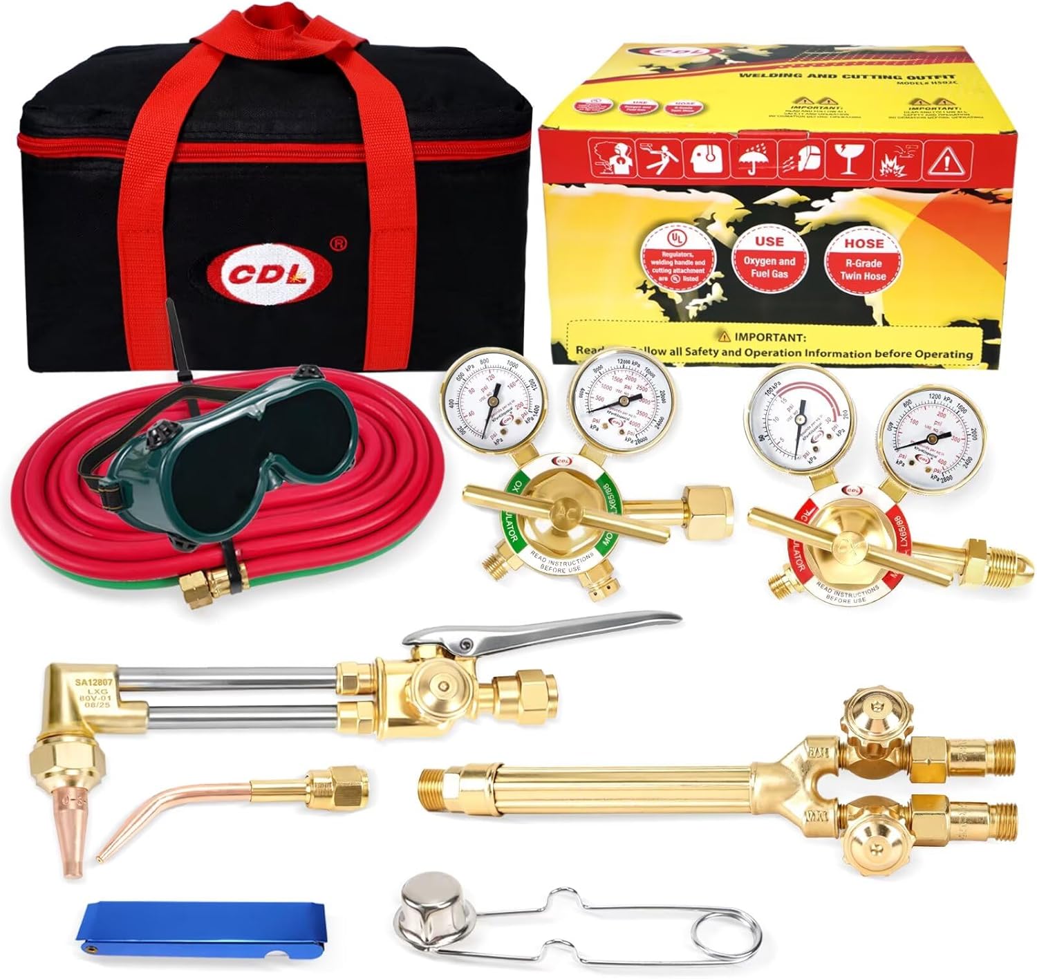 CDL Oxy Acetylene Torch Kit with Check Valves,Medium Duty,Gas Welding Cutting Torch Kit with Hose,Regulator Gauges,Cutting Tip,Welding Tip,Goggles,Carrying Bag