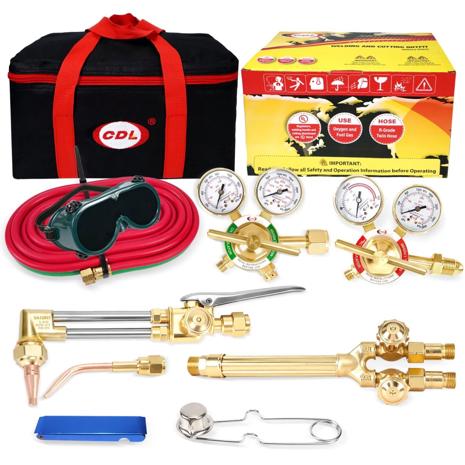 CDL Kit de antorcha de oxiacetileno con válvulas de retención, servicio medio, kit de soplete de corte de soldadura de gas con manguera, medidores reguladores, punta de corte, punta de soldadura