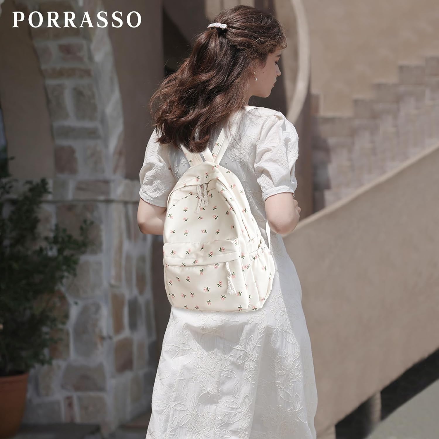 PORRASSO Backpack Casual Daypack Women Lightweight Rucksack Large Nylon Bookbag for Daily Use White A