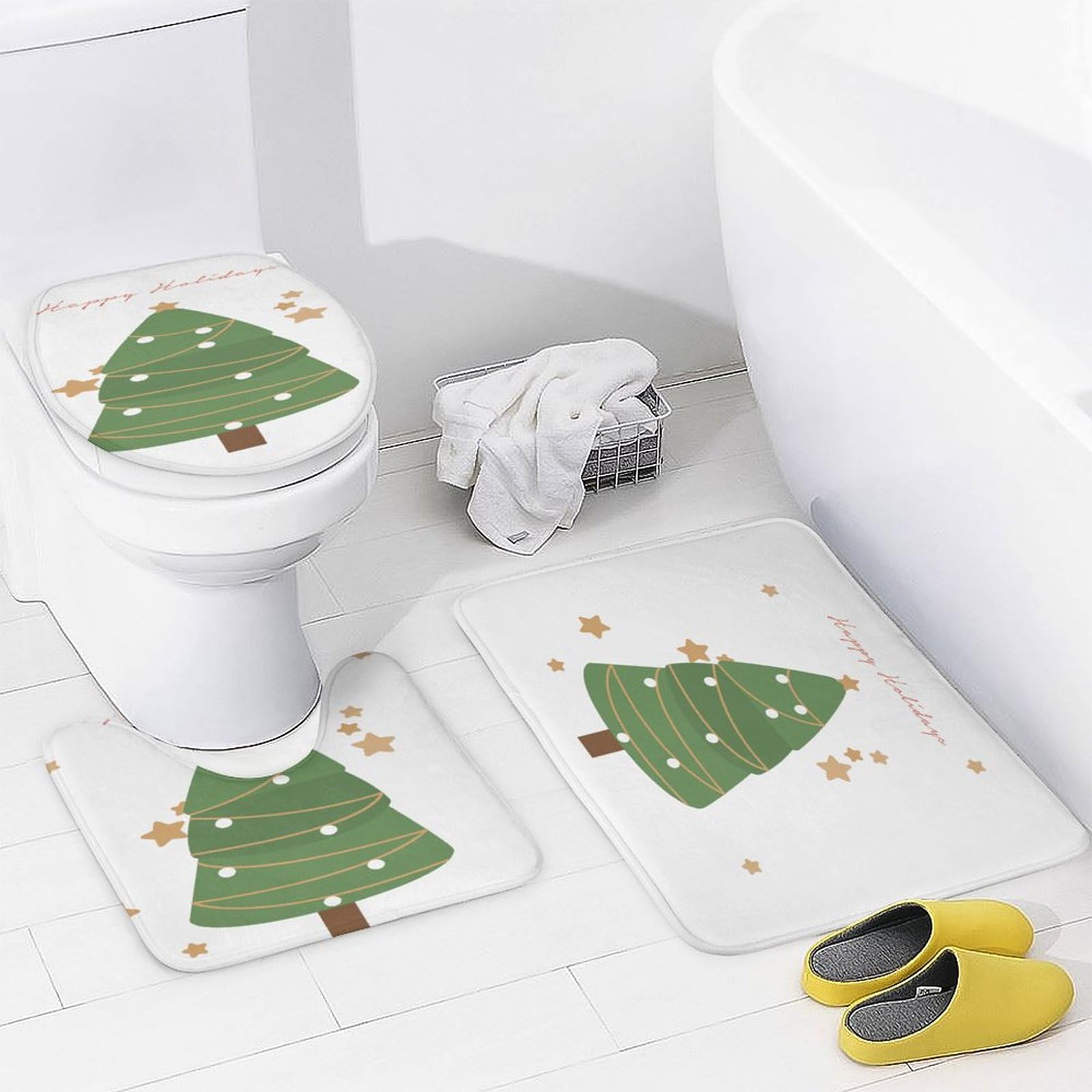 Árbol de Navidad Baño de Cuatro Piezas Tappeto De Baño De Bambú, Antideslizante Y Lavable, Ideal para Ducha Y Baño Moderno 183×183cm