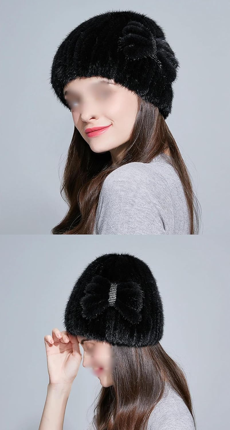 Winter Warm Furry Russian Cossack Knit Beanie Hat for Women Classic Bowknot Thick Thermal Cold Weather Hat Ski Skull Cap